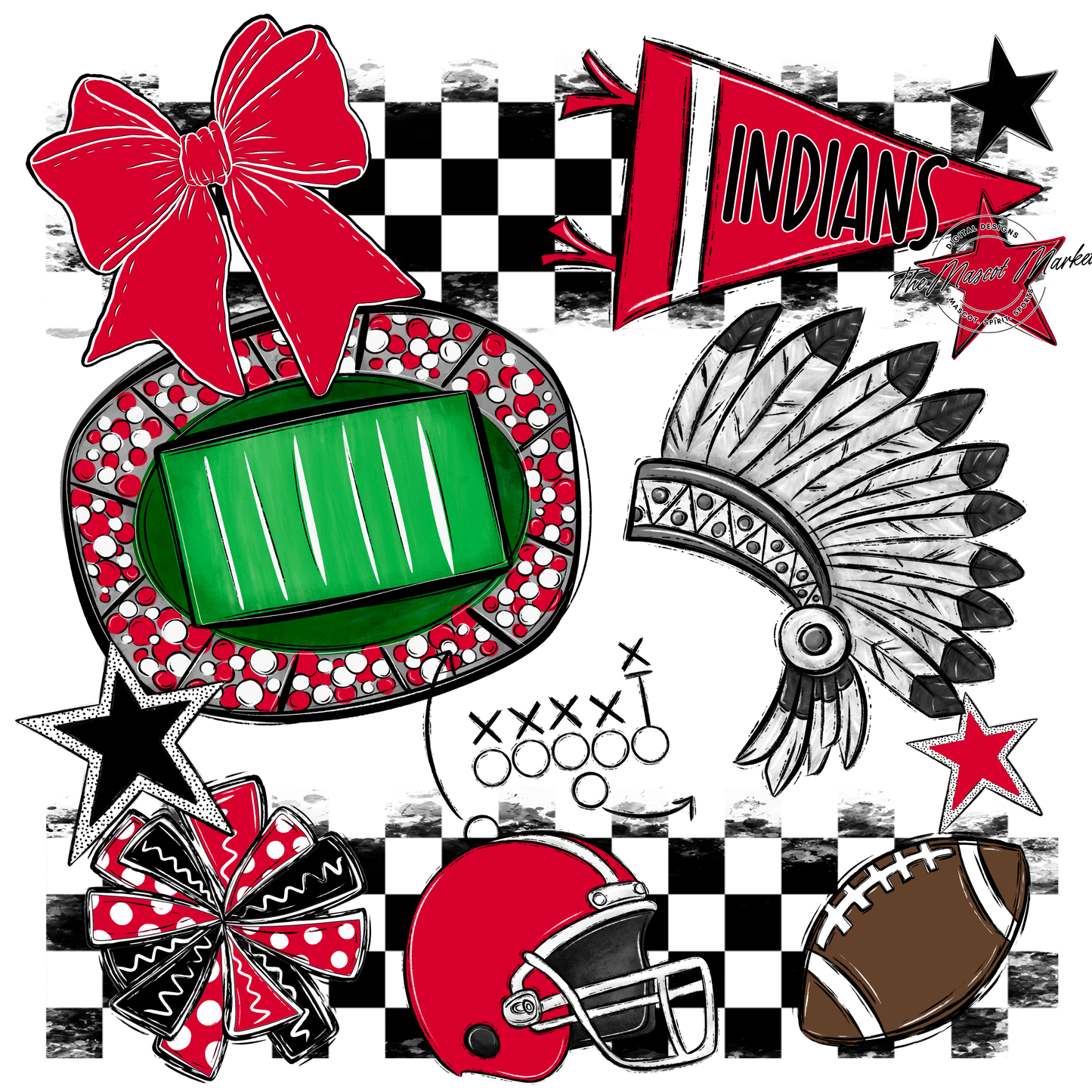 Indians Checkers Mascot Spirit Design-Red