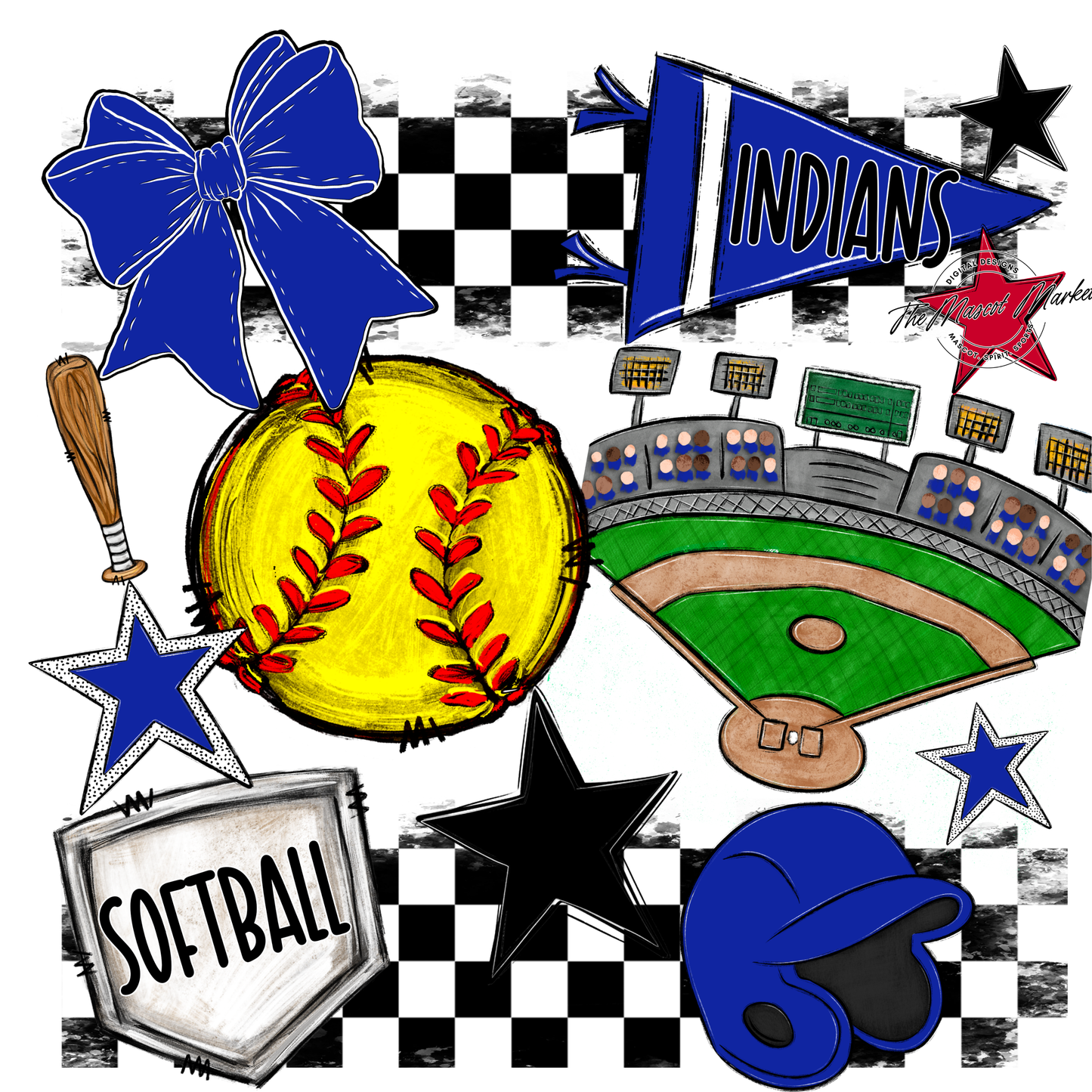 Indians Checkers Softball Spirit Design-Royal Blue