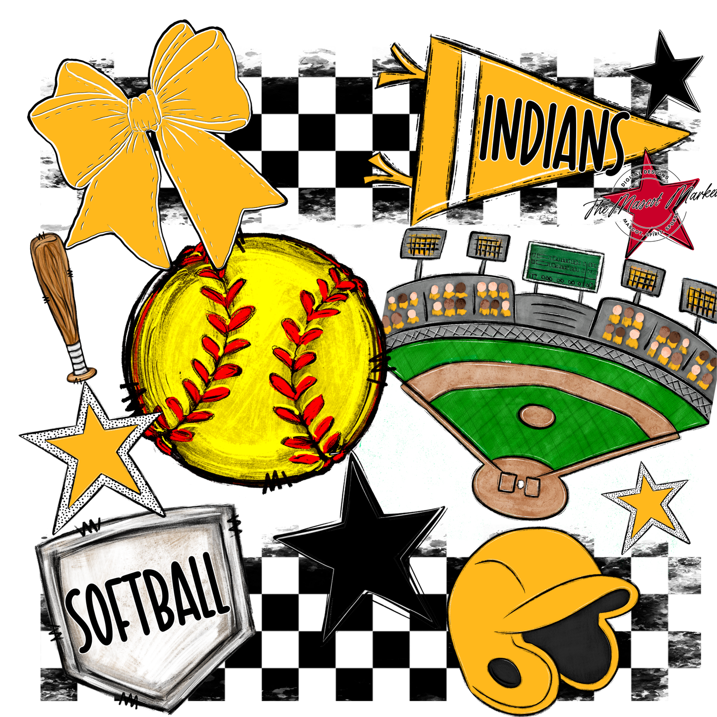Indians Checkers Softball Spirit Design-Yellow