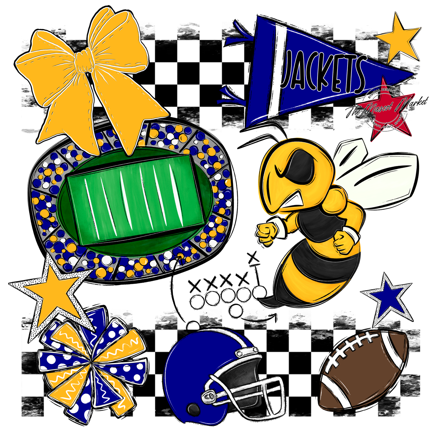 Jackets Checkers Mascot Spirit Design-Blue-Yellow