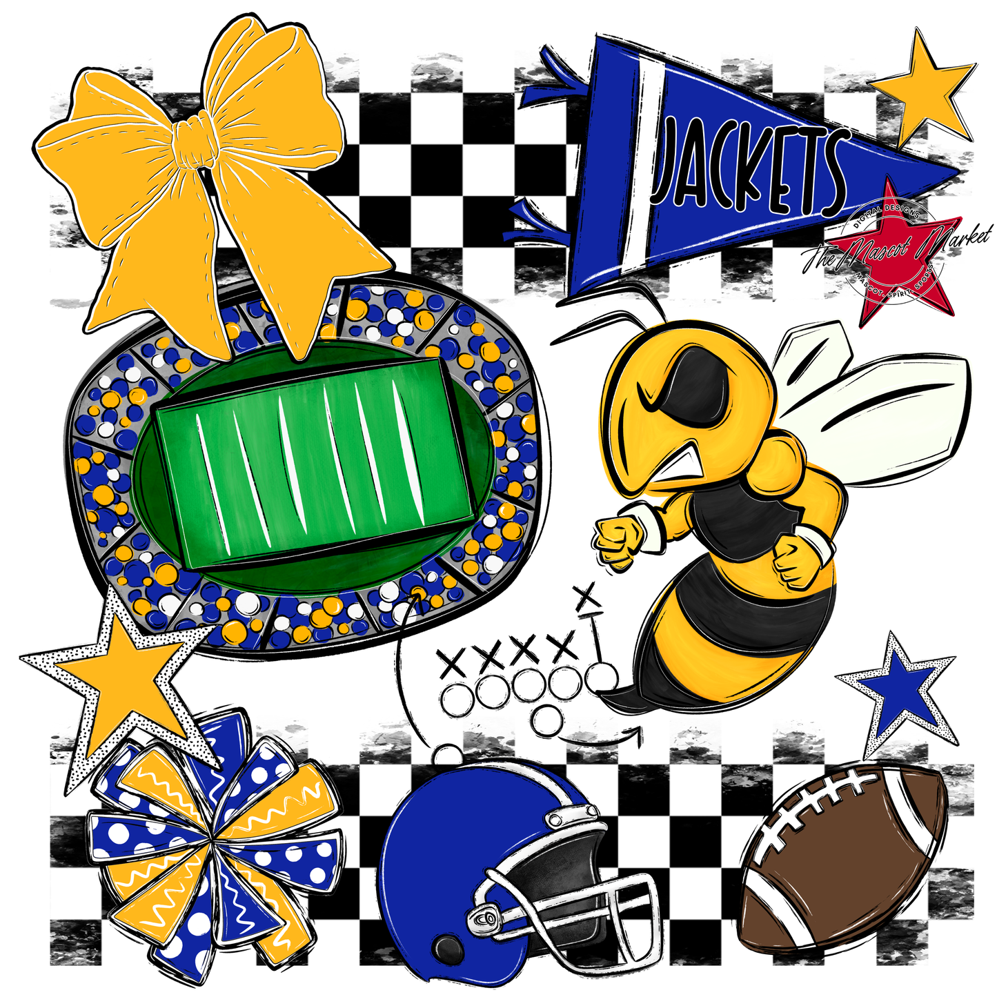 Jackets Checkers Mascot Spirit Design-Royal Blue-Yellow