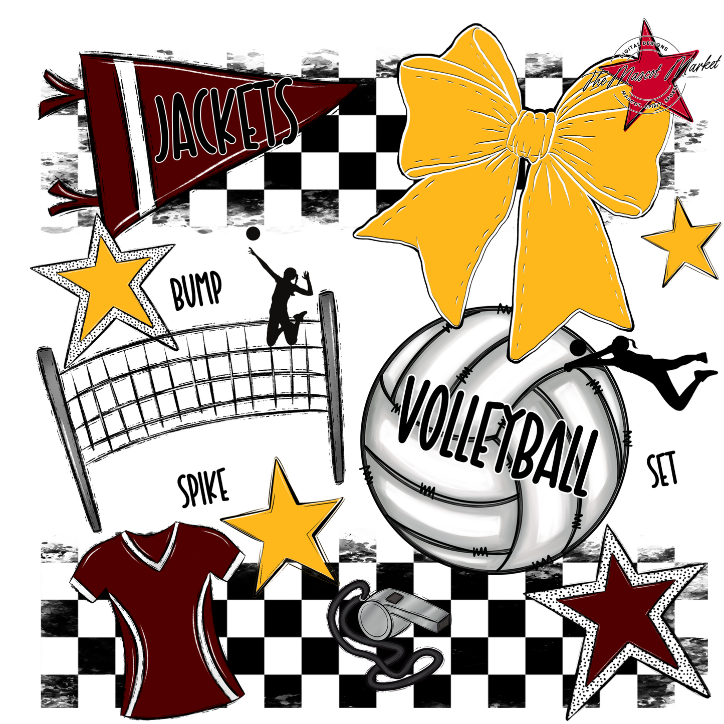 Jackets Checkers Volleyball Spirit Design-Maroon-Yellow