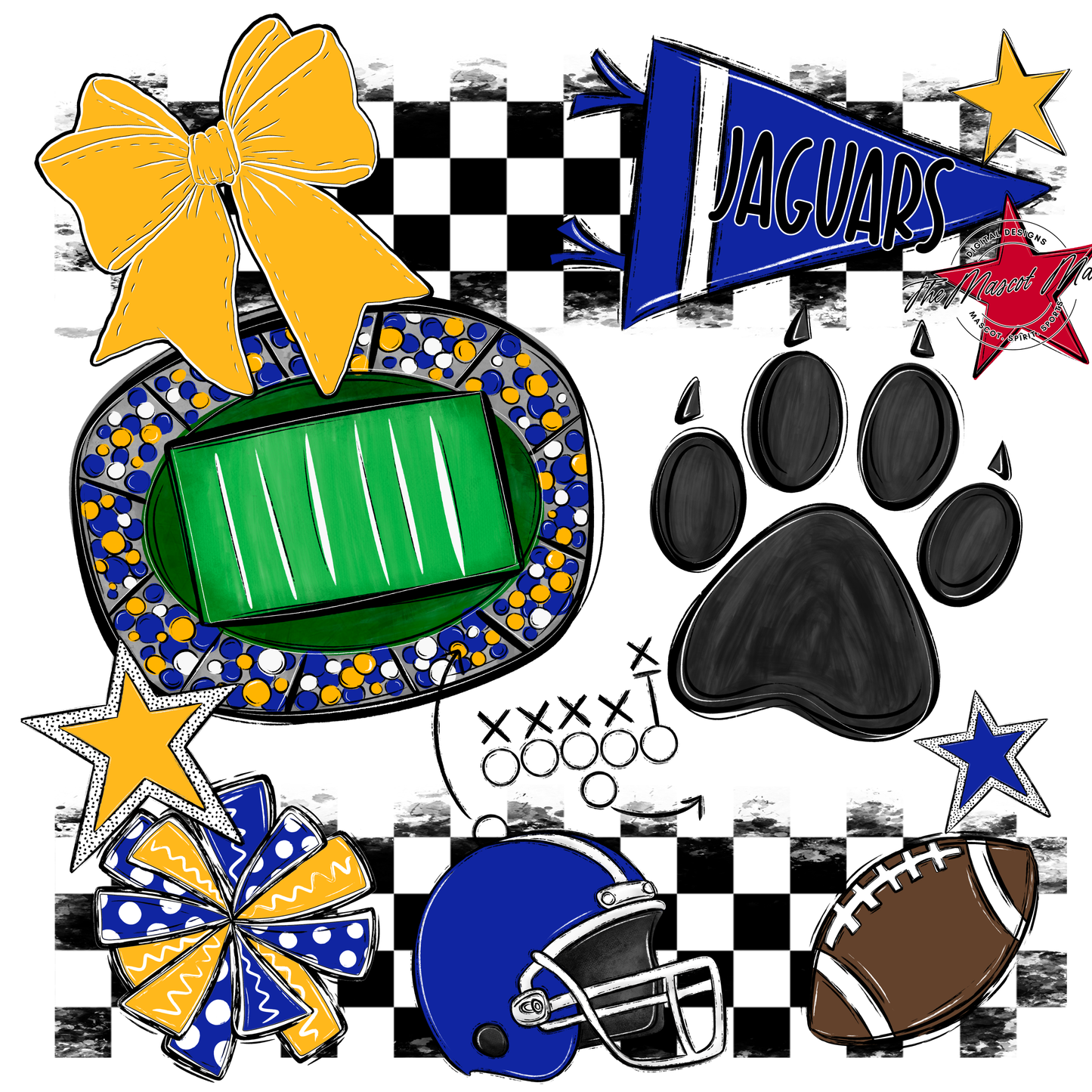 Jaguars Checkers Mascot Spirit Design w Paw-Royal Blue & Yellow