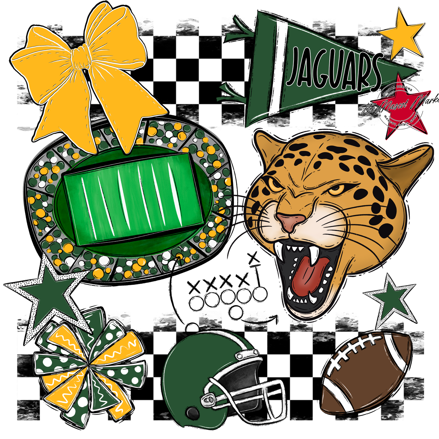 Jaguars Checkers Mascot Spirit Design-Green-Yellow