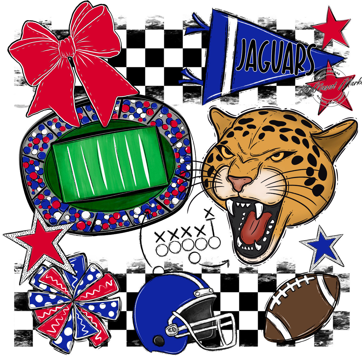 Jaguars Checkers Mascot Spirit Design-Royal Blue-Red