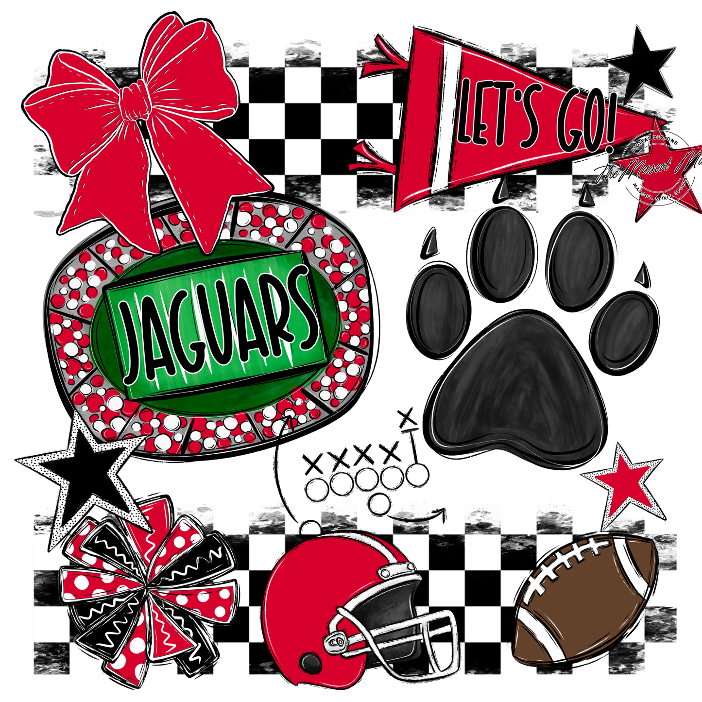 Jaguars Checkers Mascot Spirit Design w Paw-Red