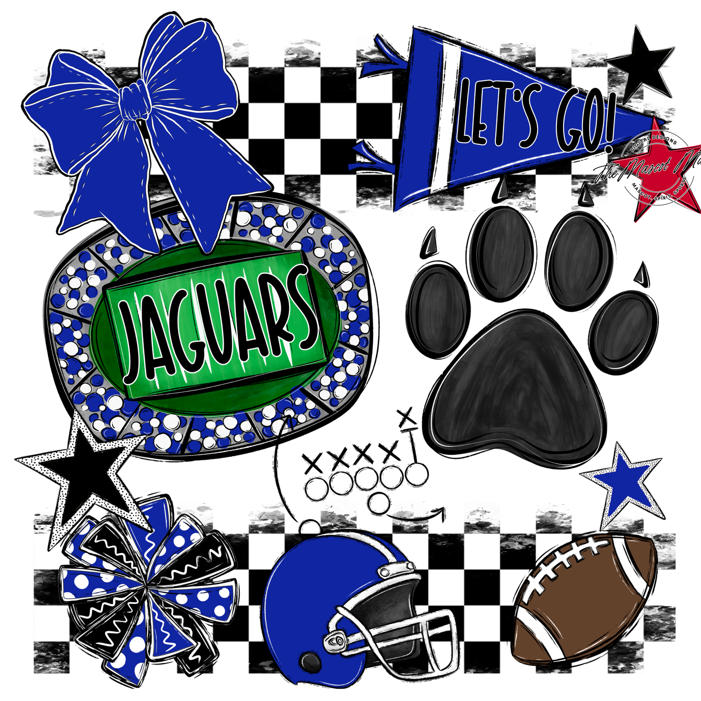 Jaguars Checkers Mascot Spirit Design w Paw-Royal Blue