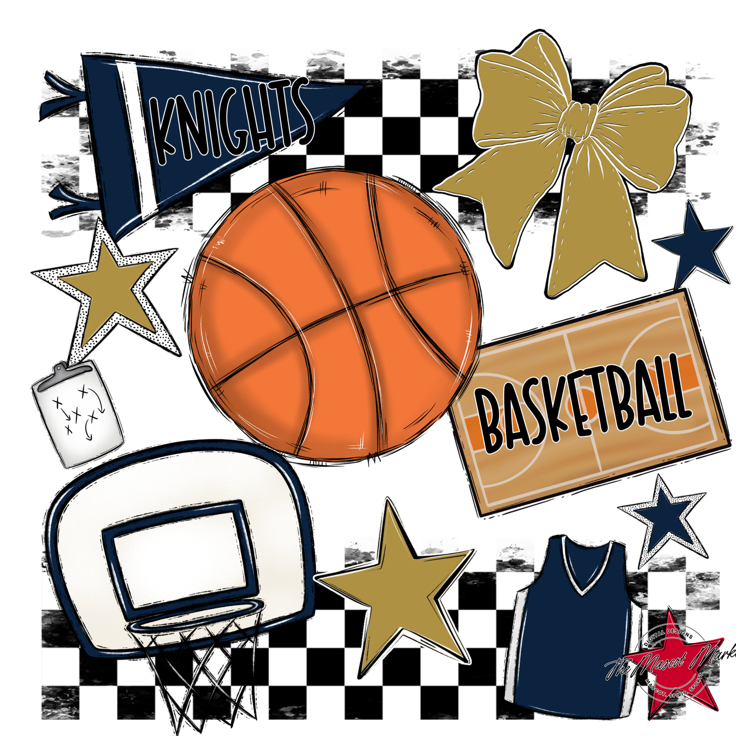 Knights Checkers Basketball Spirit Design-Navy-Gold