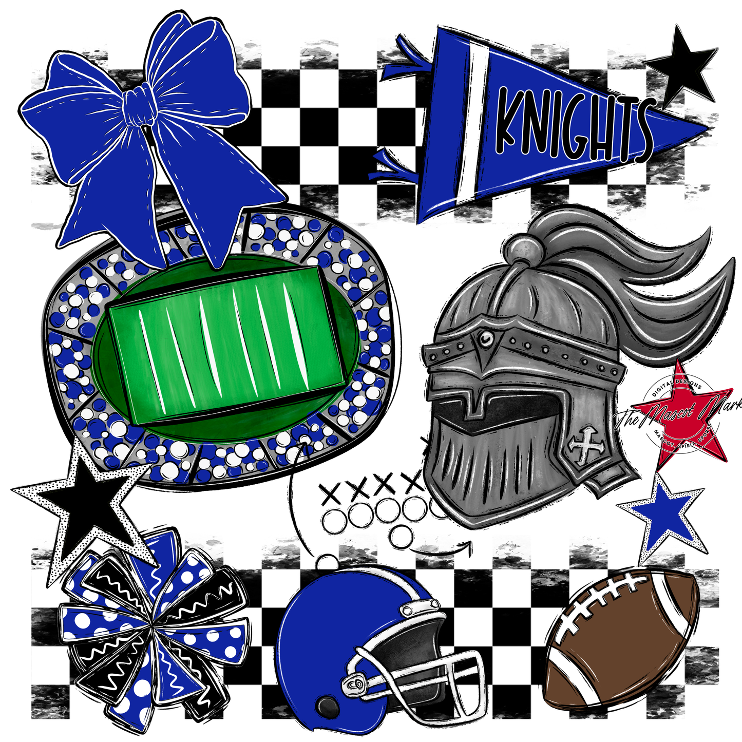 Knights Checkers Mascot Spirit Design-Royal Blue