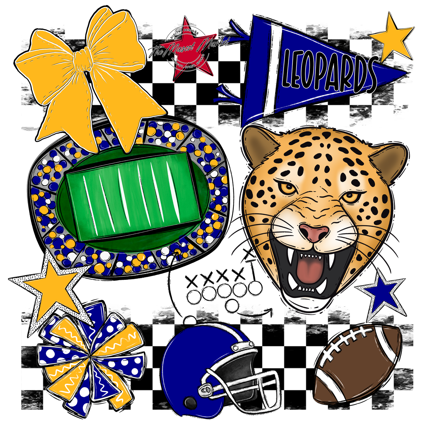 Leopards Checkers Mascot Spirit Design-Blue-Yellow
