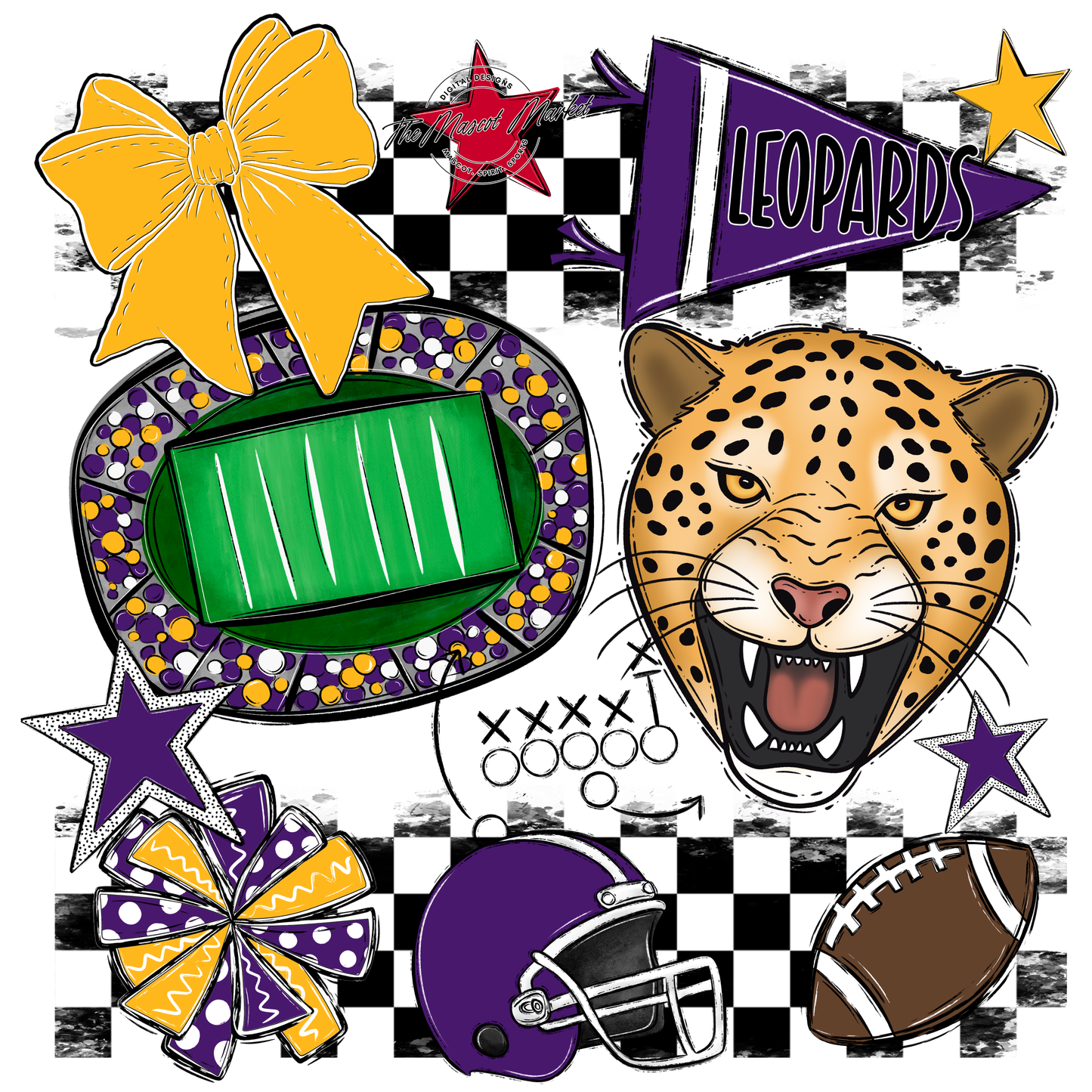 Leopards Checkers Mascot Spirit Design-Purple-Yellow