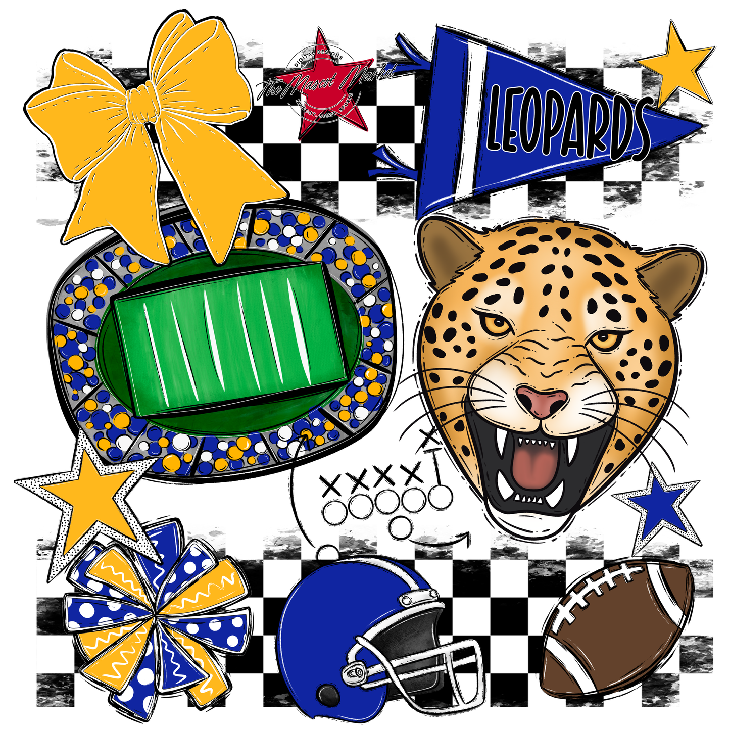 Leopards Checkers Mascot Spirit Design-Royal Blue-Yellow
