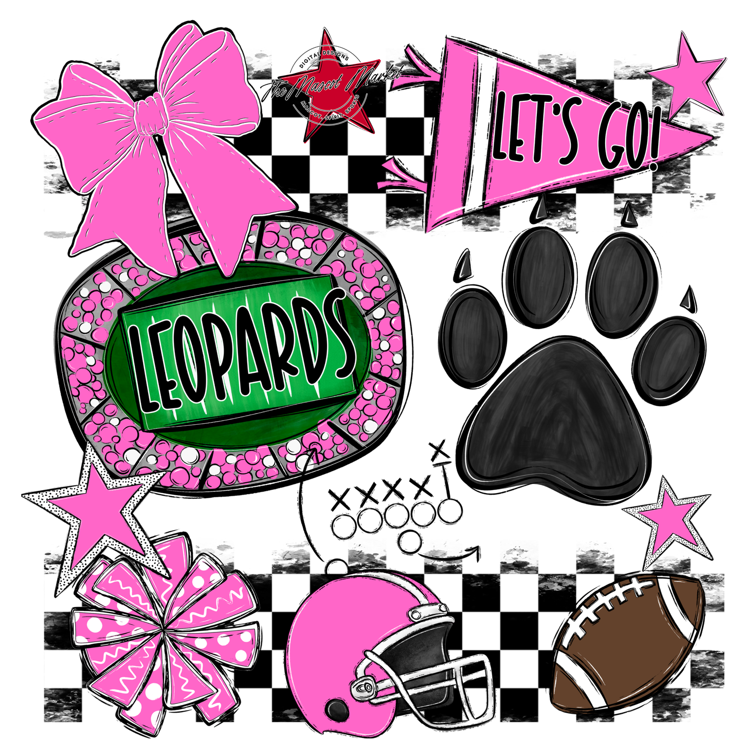 Leopards Checkers Mascot Spirit Design w Paw-Baby Pink