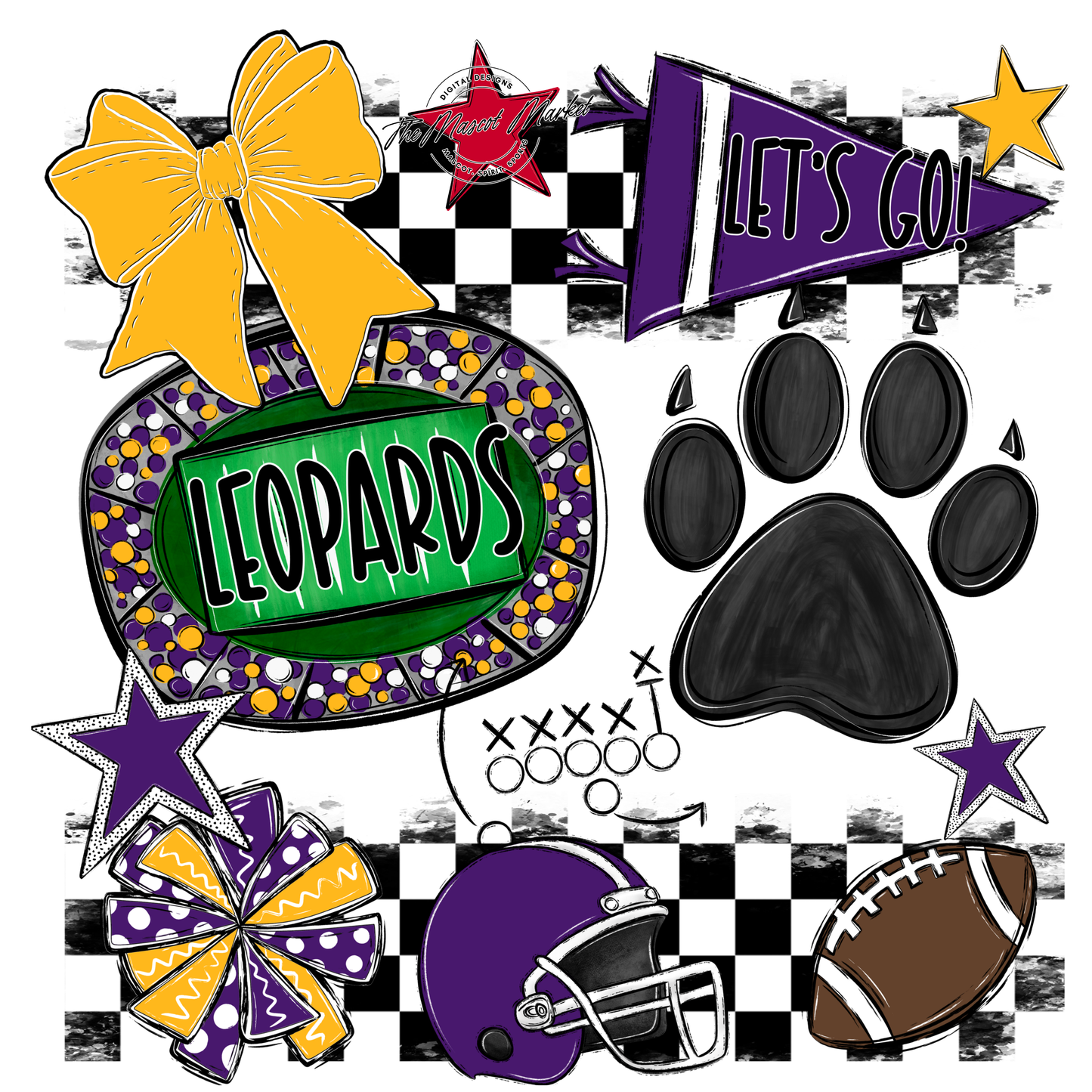 Leopards Checkers Mascot Spirit Design w Paw-Purple-Yellow