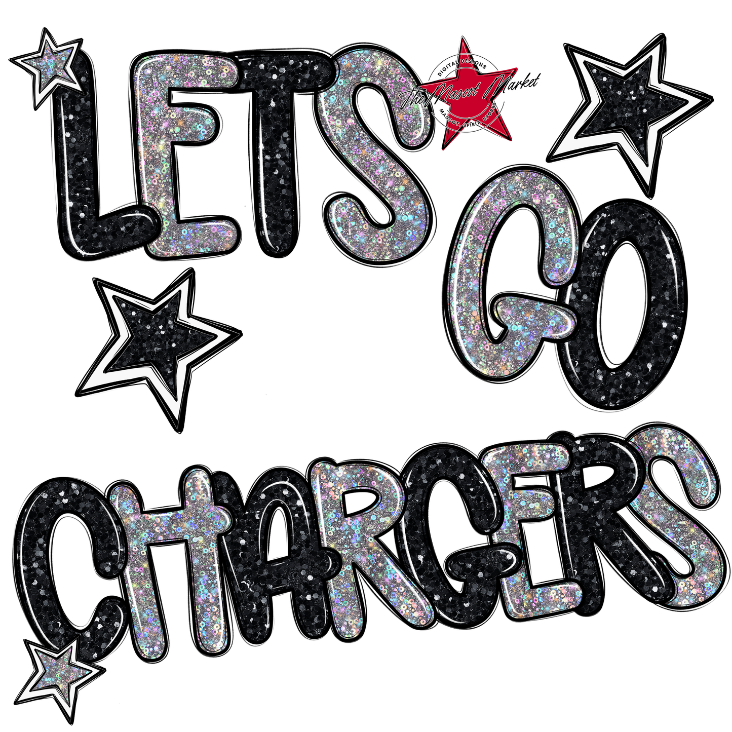 Lets Go Chargers Glitter-Black-Silver