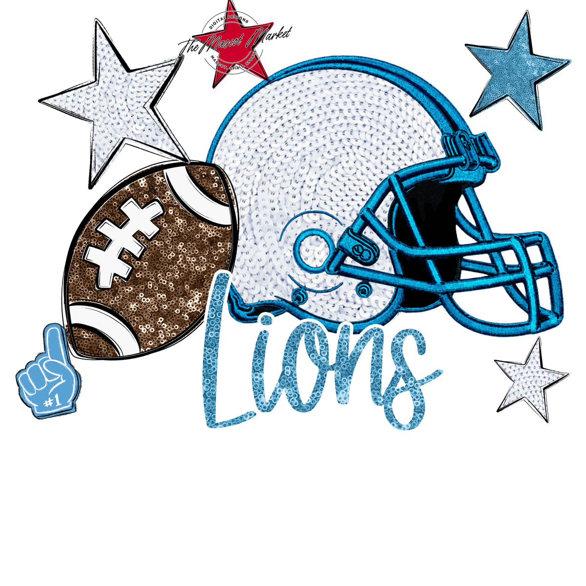 Lions Football Embroidered Sequins Design-Carolina Blue