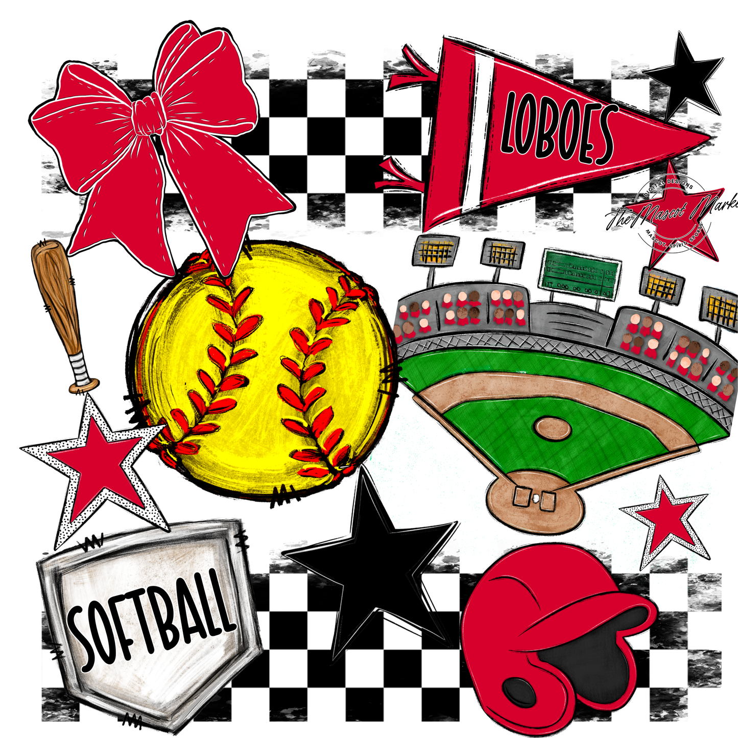 Loboes Checkers Softball Spirit Design-Red