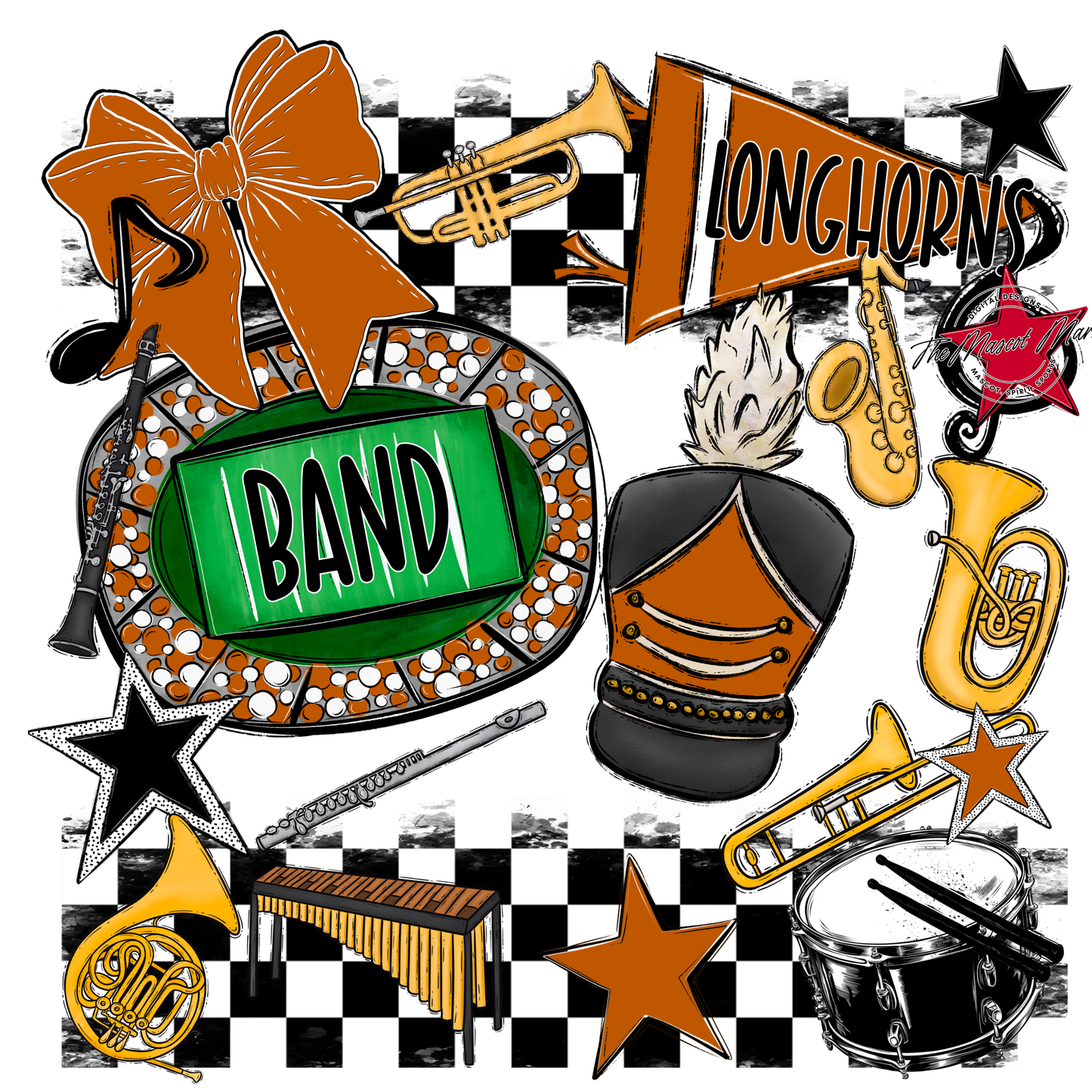 Longhorns Checkers Band Spirit Design-Burnt Orange