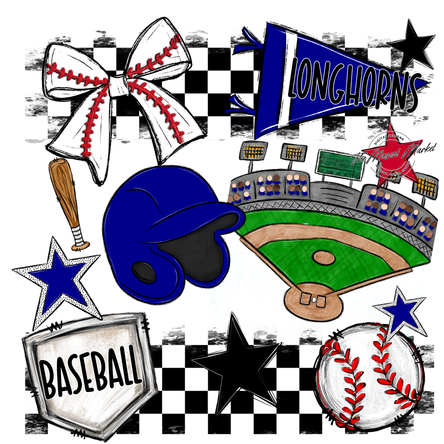 Longhorns Checkers Baseball Spirit Design-Blue