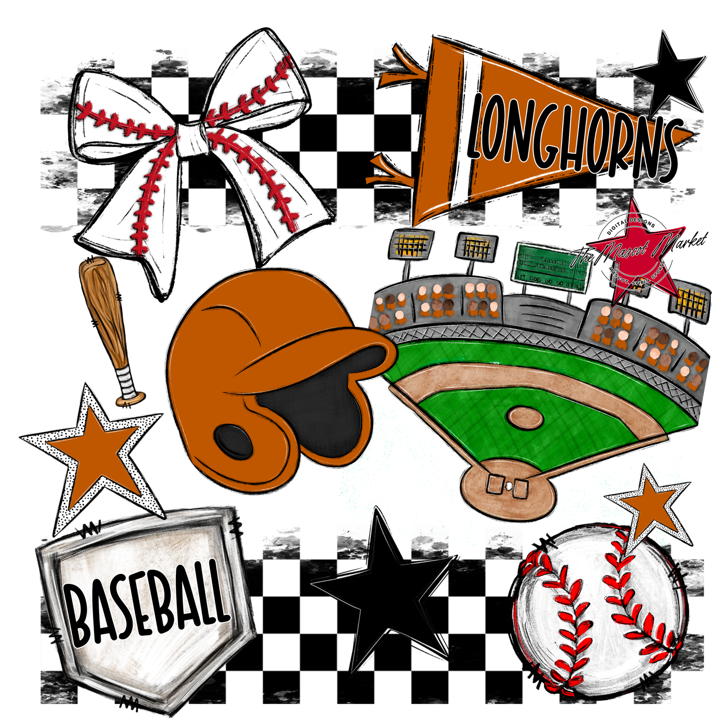 Longhorns Checkers Baseball Spirit Design-Burnt Orange