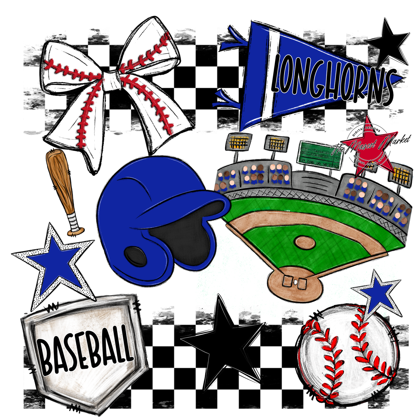 Longhorns Checkers Baseball Spirit Design-Royal Blue