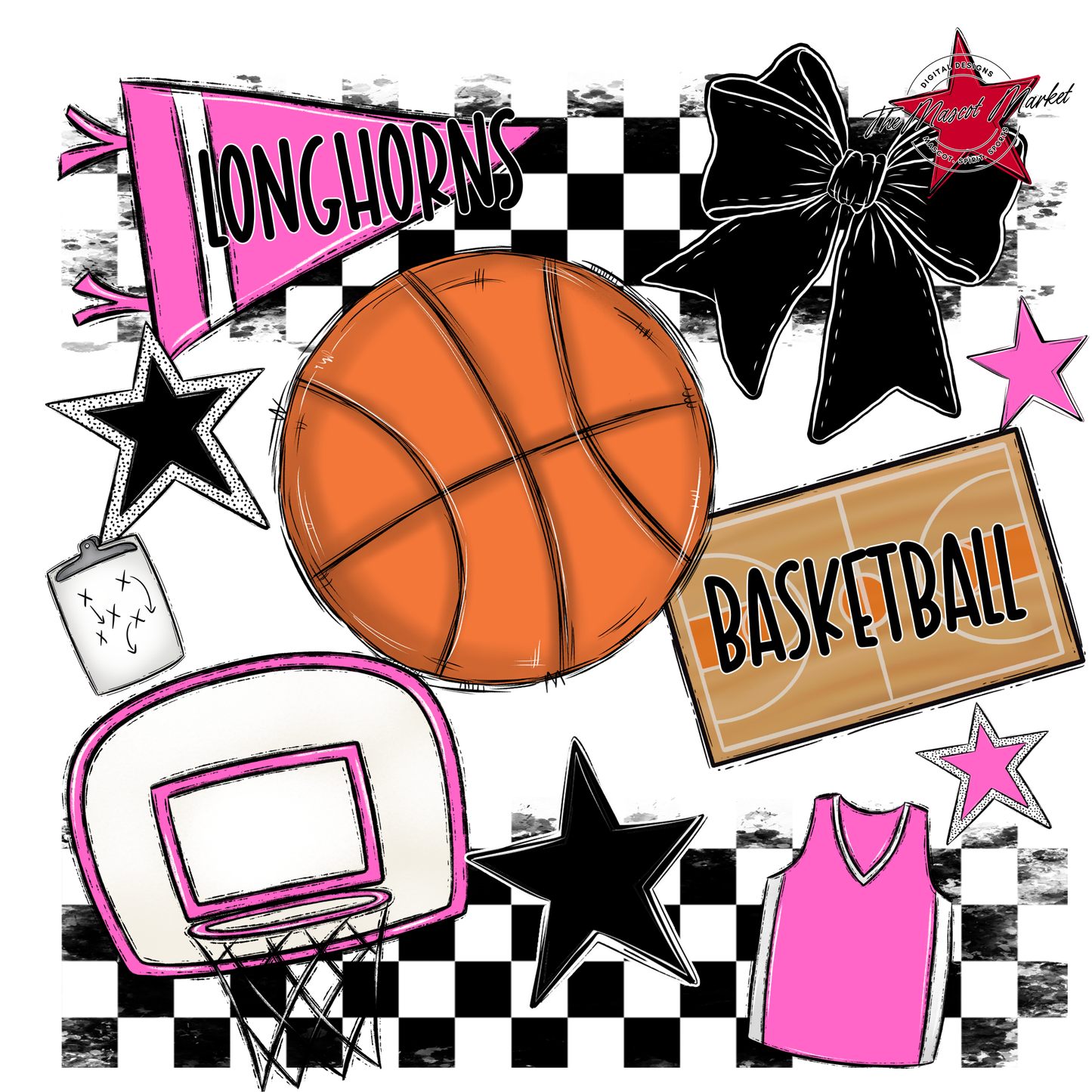 Longhorns Checkers Basketball Spirit Design-Baby Pink