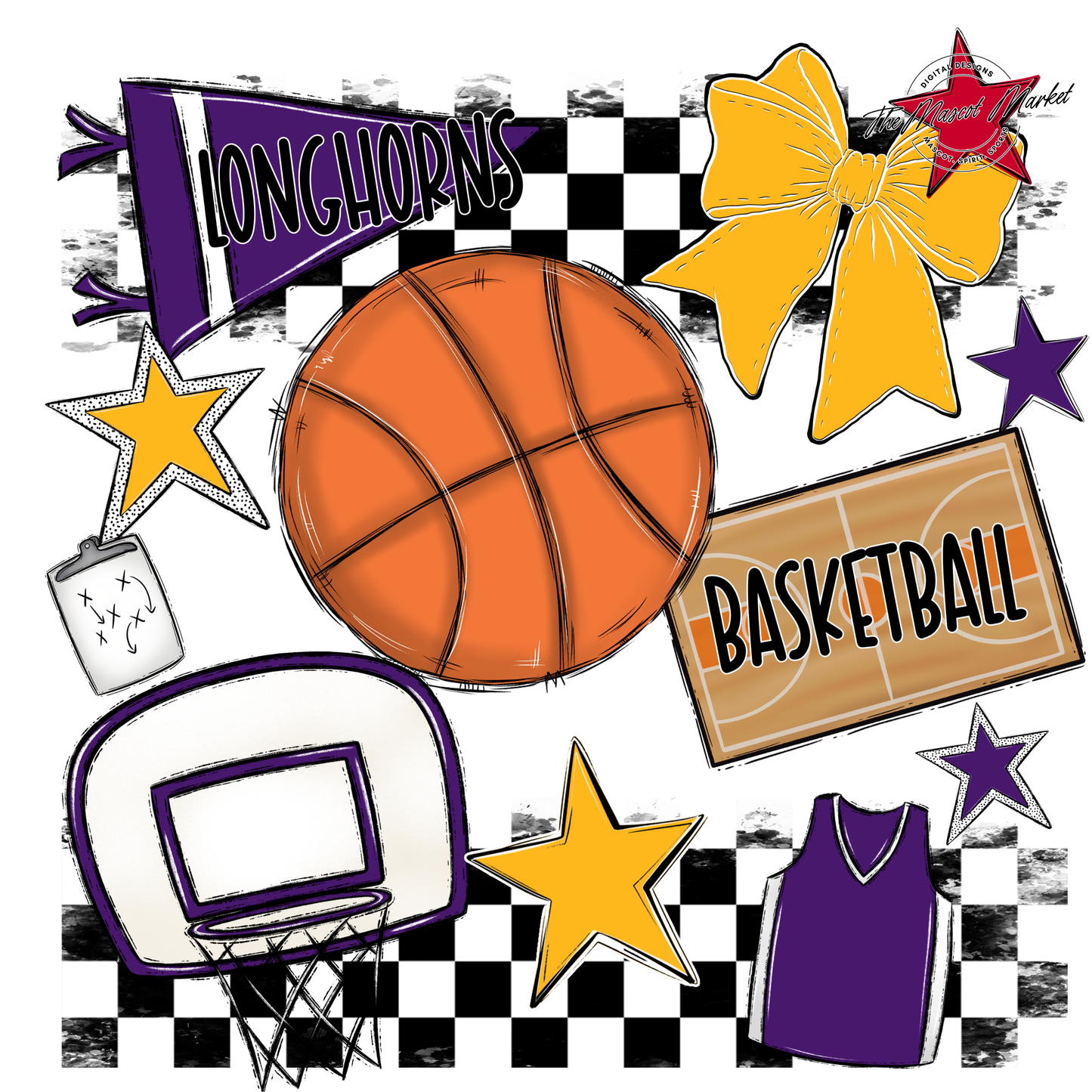 Longhorns Checkers Basketball Spirit Design-Purple-Yellow