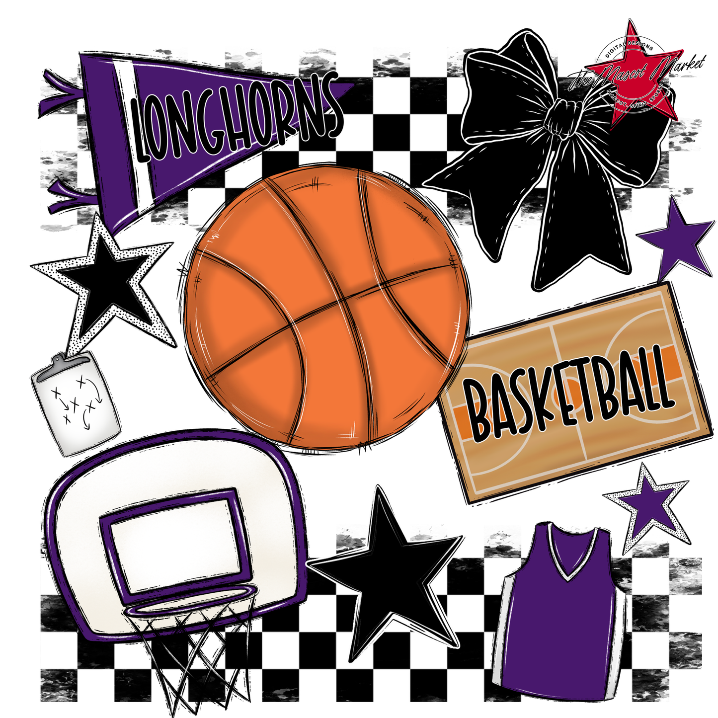 Longhorns Checkers Basketball Spirit Design-Purple