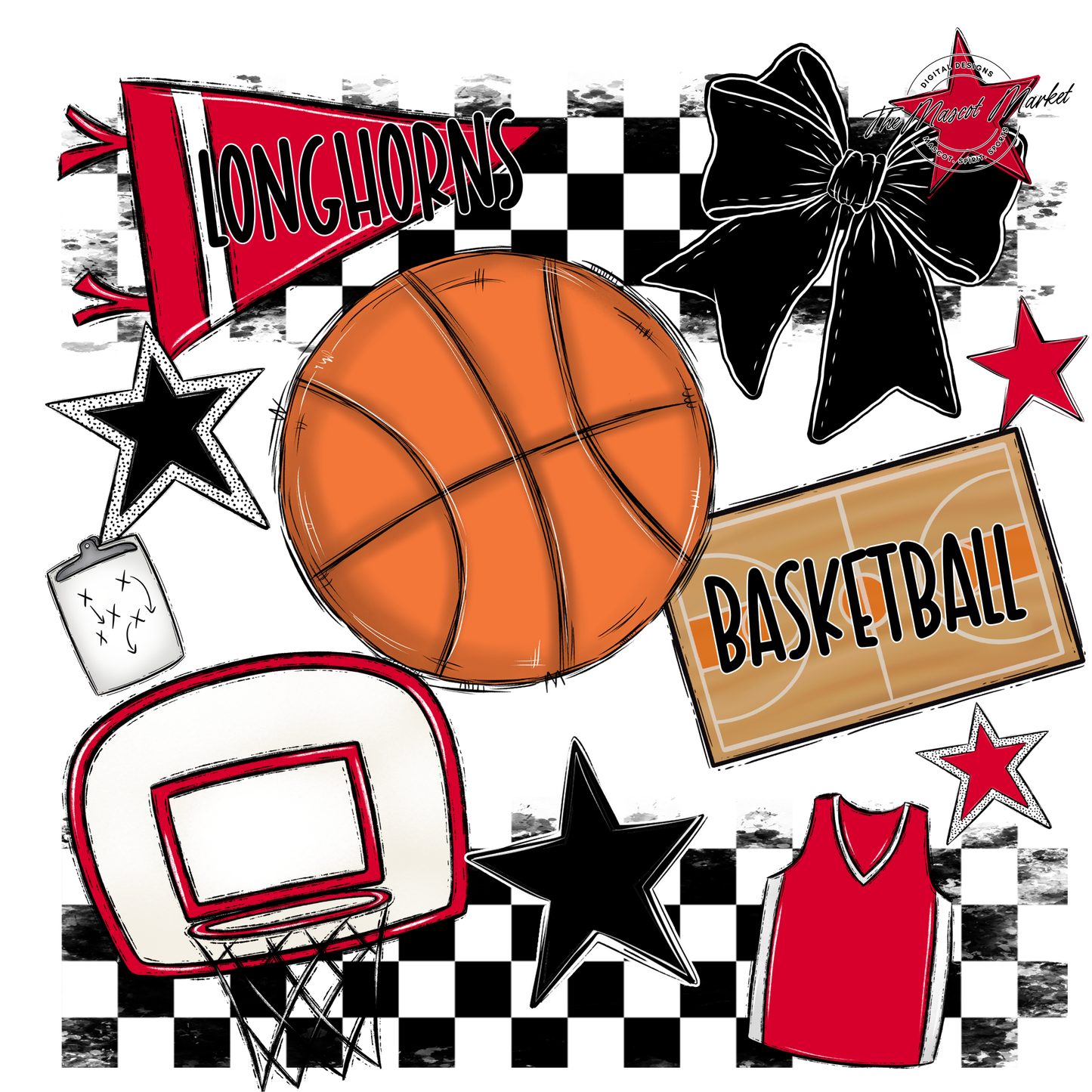 Longhorns Checkers Basketball Spirit Design-Red