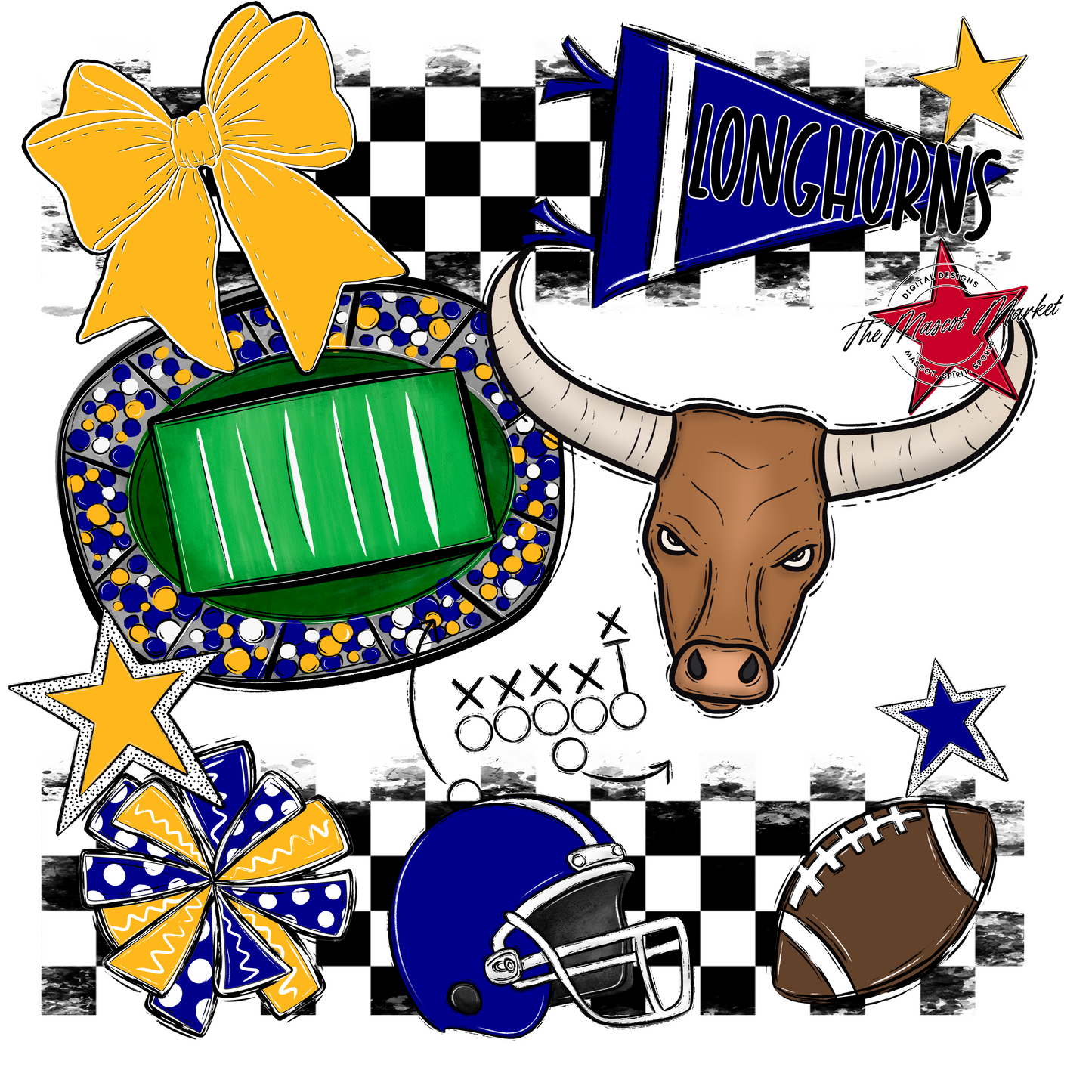 Longhorns Checkers Mascot Spirit Design-Blue-Yellow