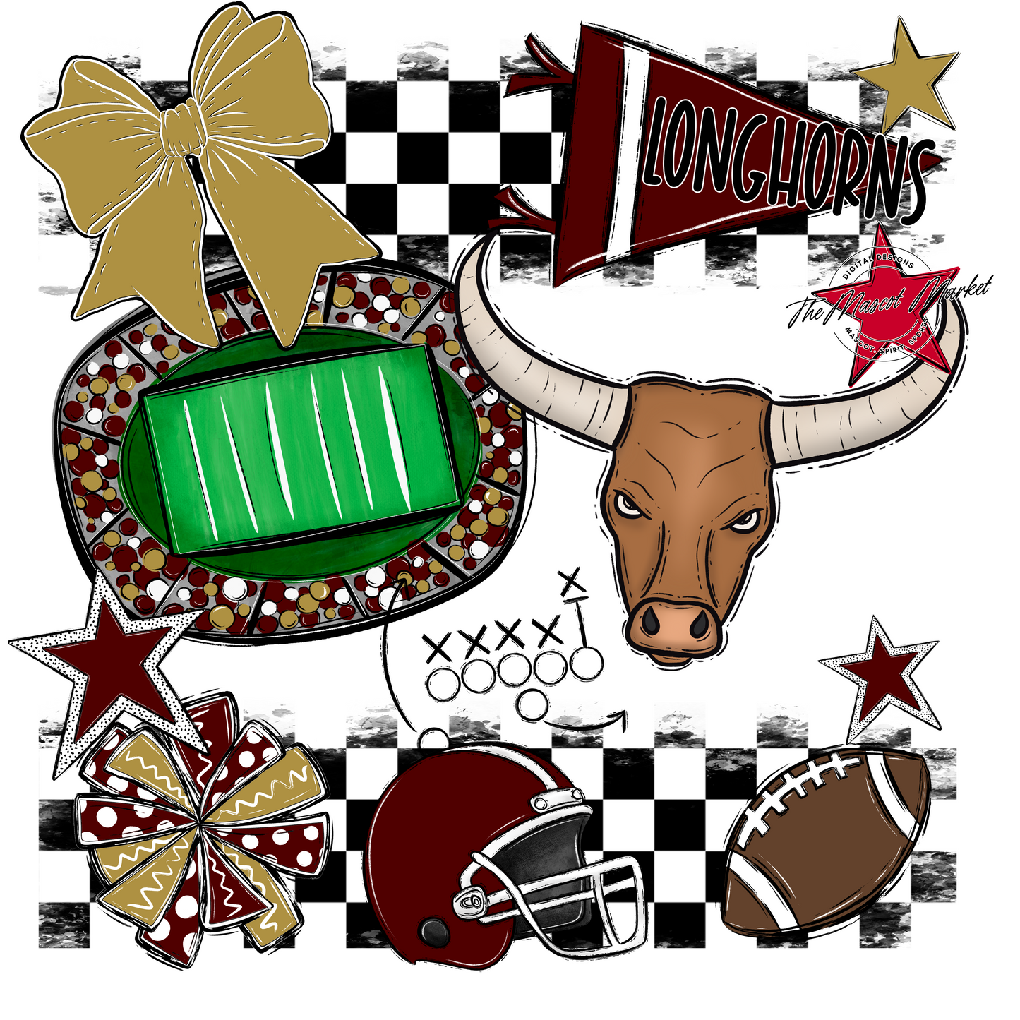 Longhorns Checkers Mascot Spirit Design-Maroon-Gold