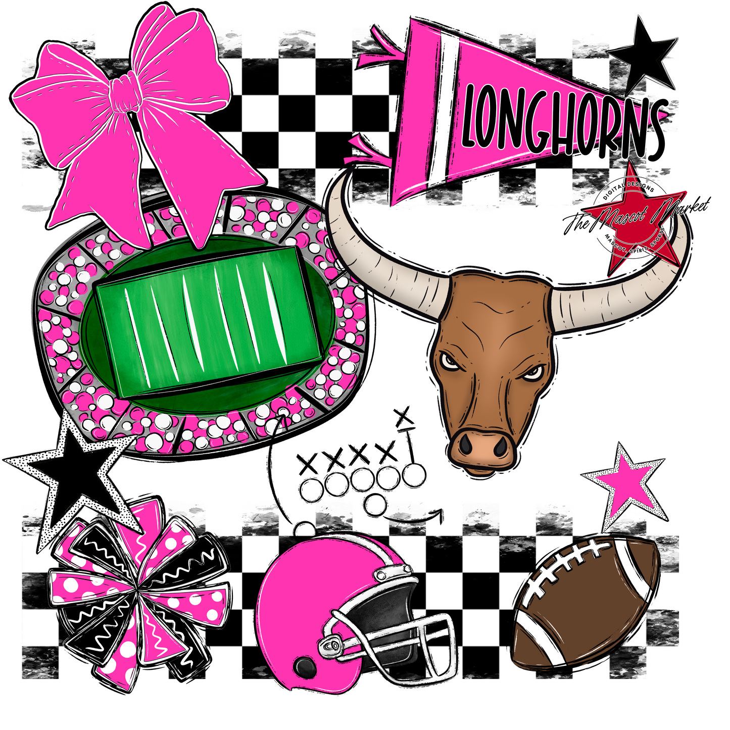 Longhorns Checkers Mascot Spirit Design-Pink
