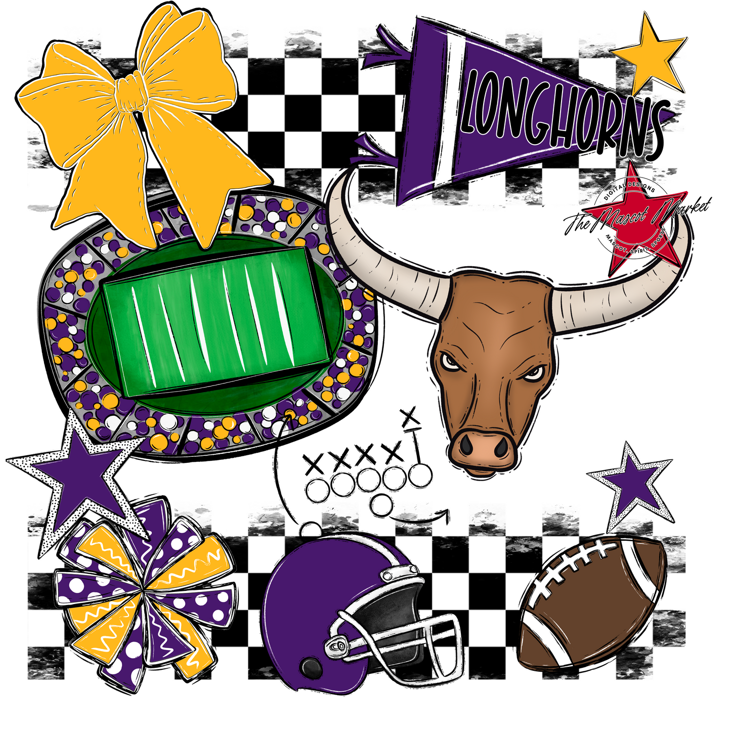 Longhorns Checkers Mascot Spirit Design-Purple-Yellow