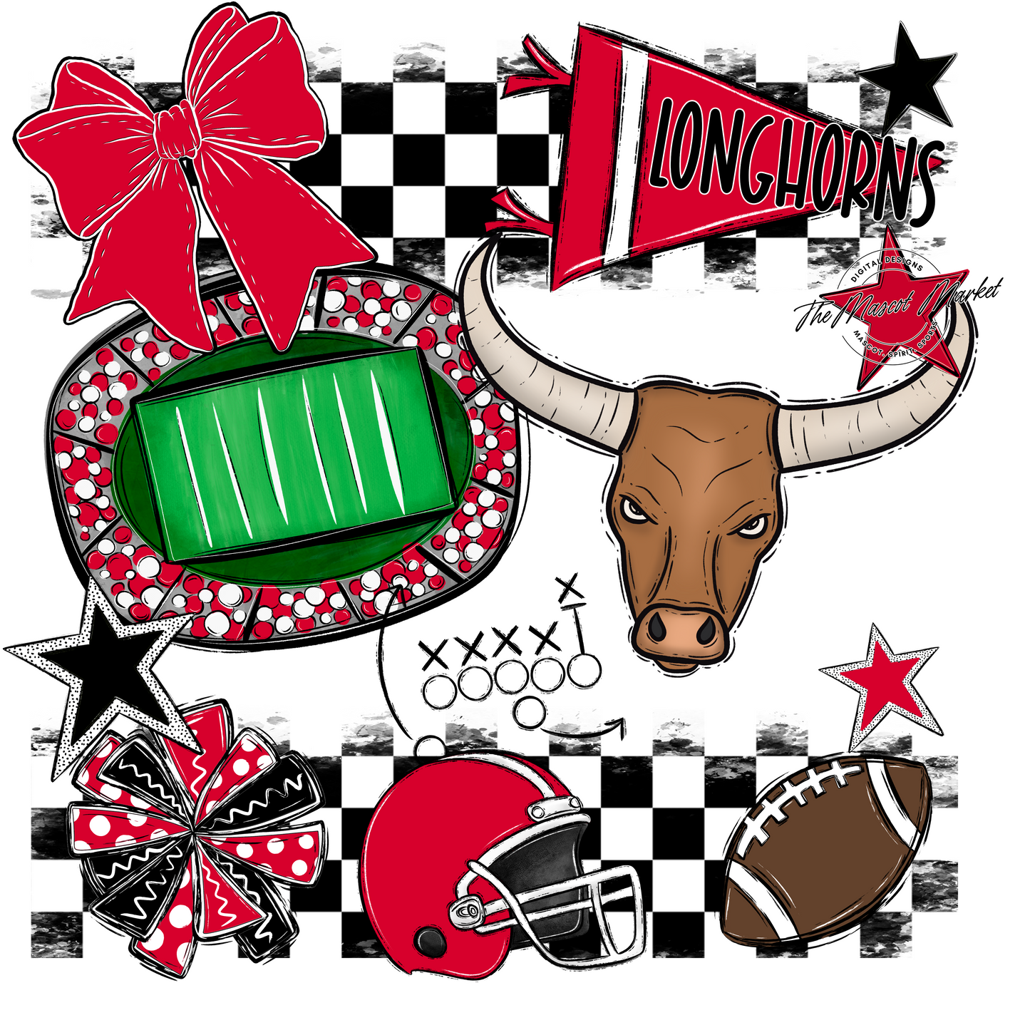 Longhorns Checkers Mascot Spirit Design-Red