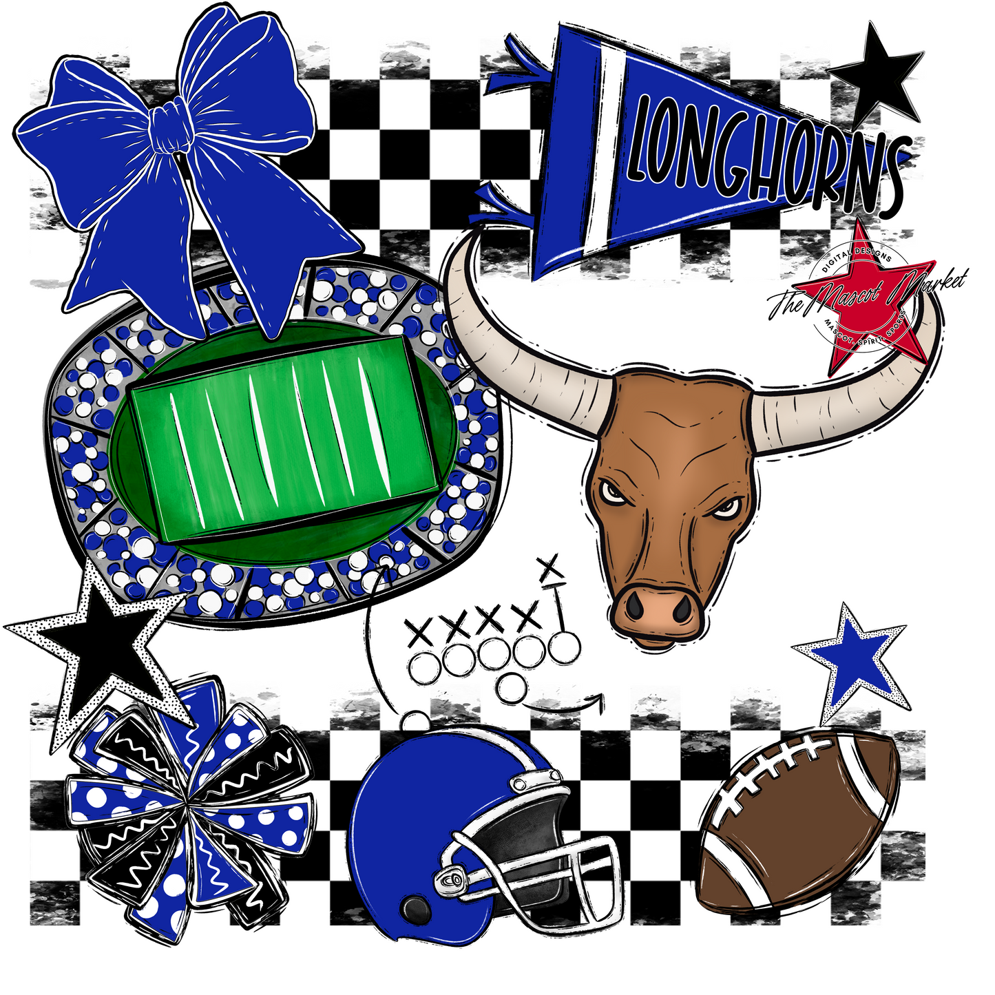 Longhorns Checkers Mascot Spirit Design-Royal Blue