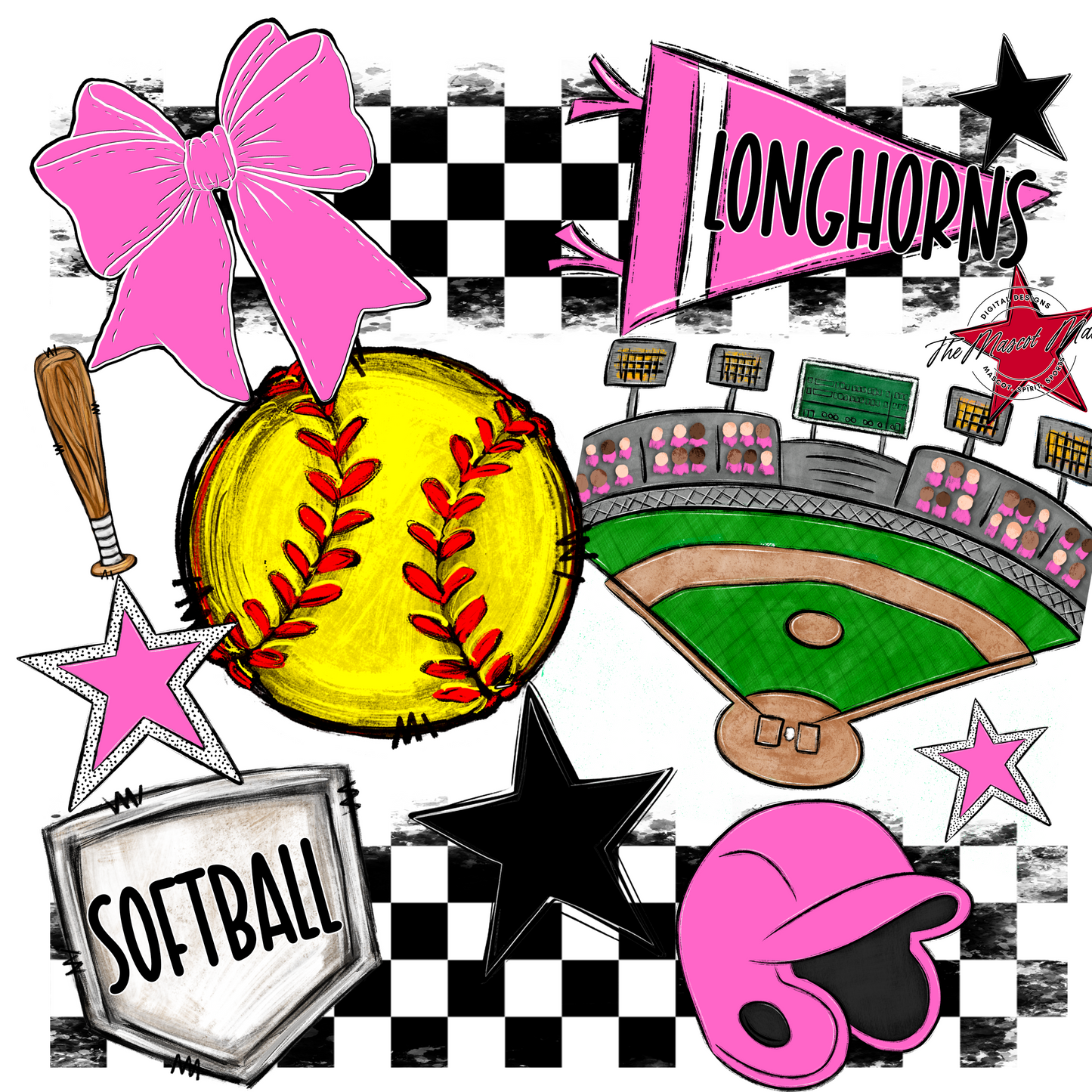 Longhorns Checkers Softball Spirit Design-Baby Pink