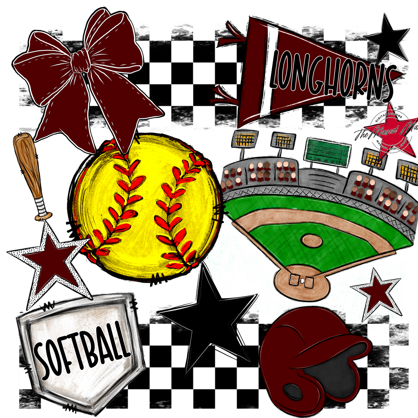Longhorns Checkers Softball Spirit Design-Maroon
