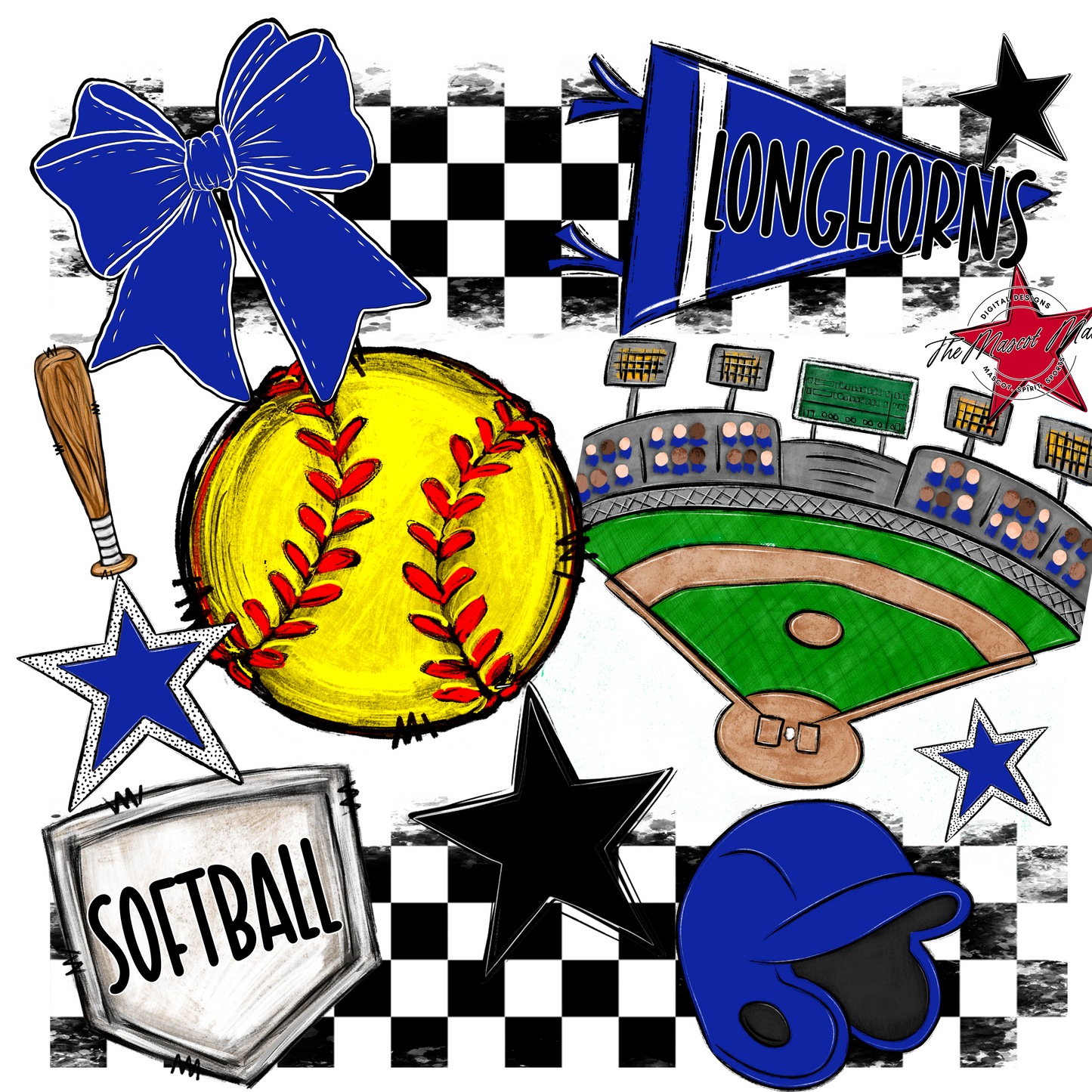 Longhorns Checkers Softball Spirit Design-Royal Blue