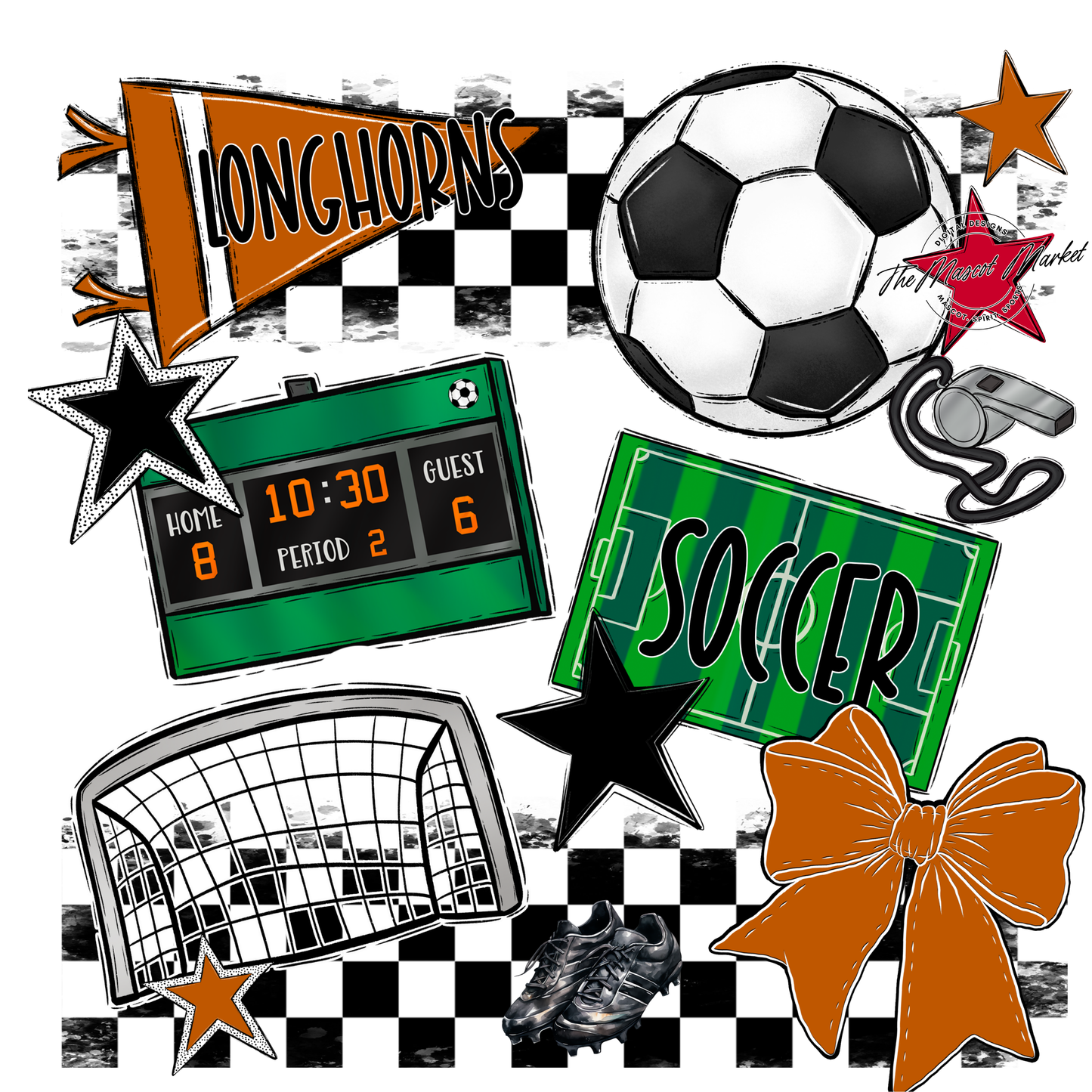Longhorns Checkers Soccer Spirit Design-Burnt Orange