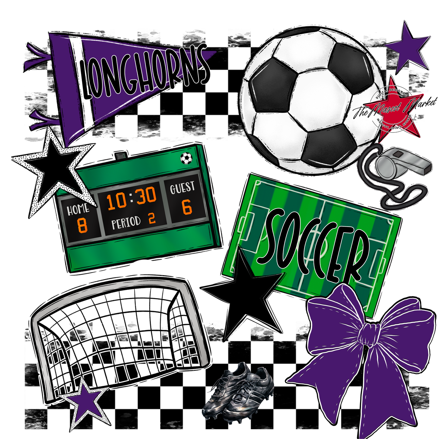 Longhorns Checkers Soccer Spirit Design-Purple