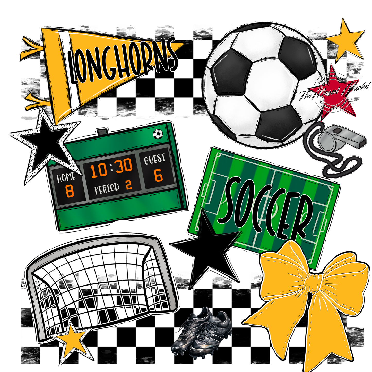 Longhorns Checkers Soccer Spirit Design-Yellow