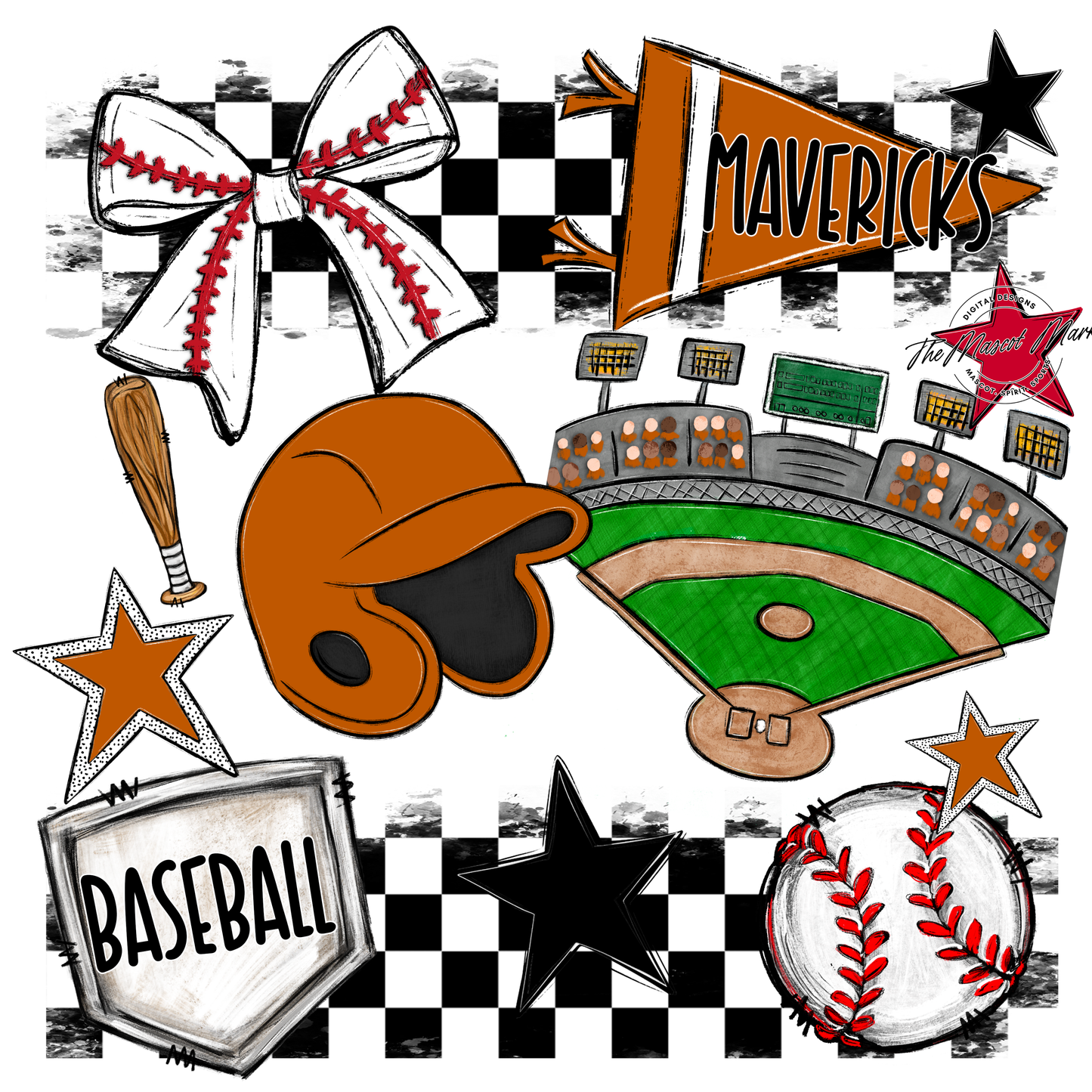 Mavericks Checkers Baseball Spirit Design-Burnt Orange