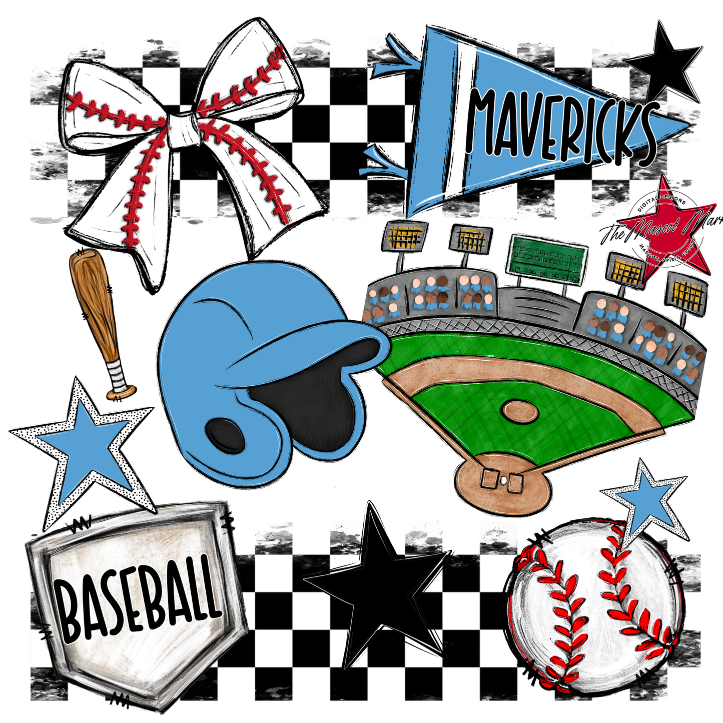 Mavericks Checkers Baseball Spirit Design-Carolina Blue