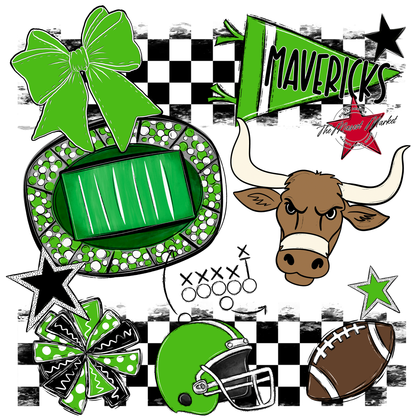 Mavericks Checkers Mascot Spirit Design-Bright Green