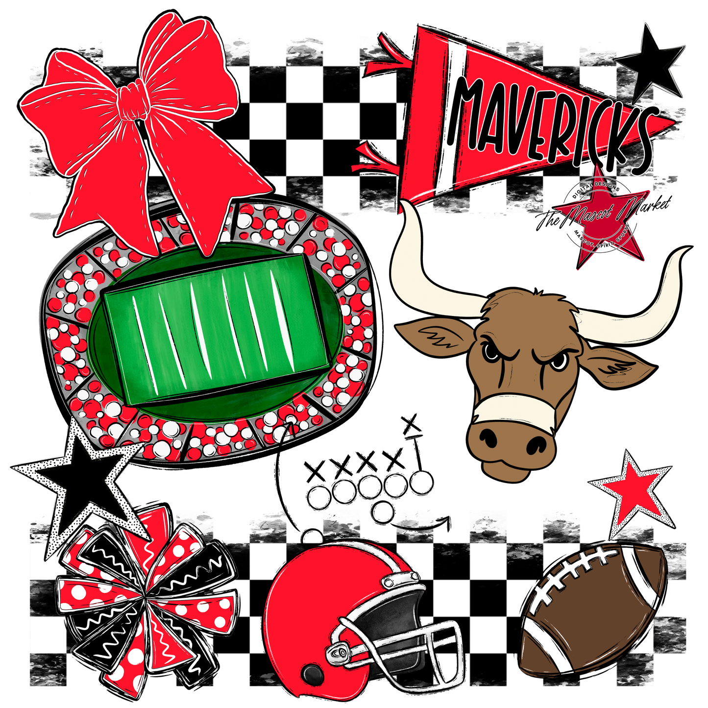 Mavericks Checkers Mascot Spirit Design-Bright Red