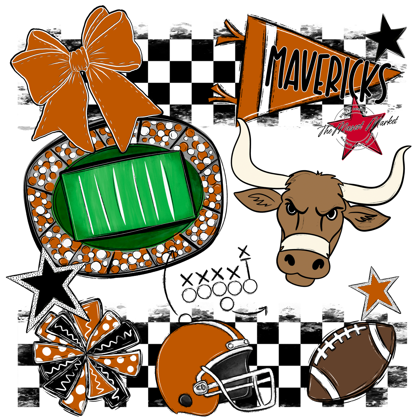 Mavericks Checkers Mascot Spirit Design-Burnt Orange