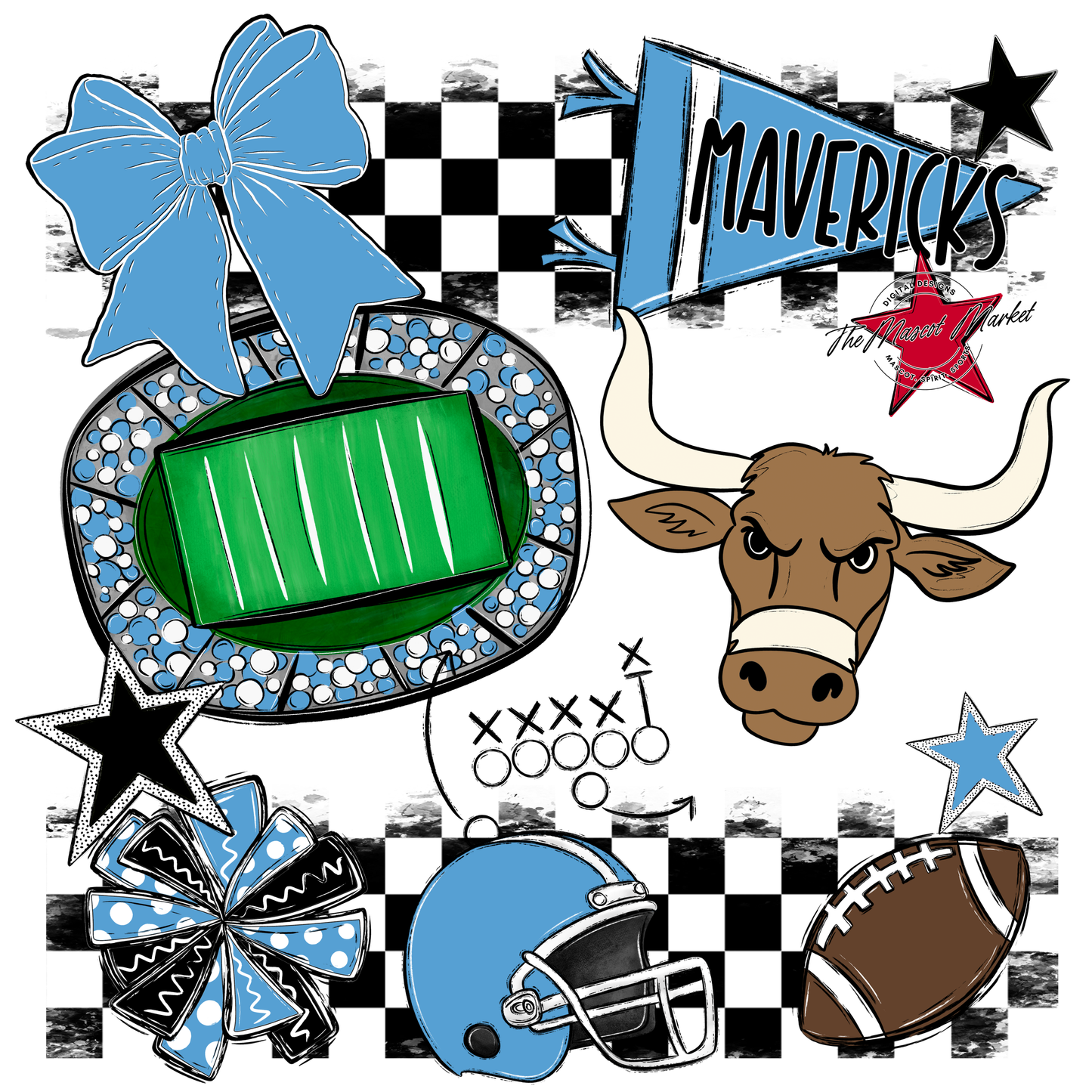 Mavericks Checkers Mascot Spirit Design-Carolina Blue