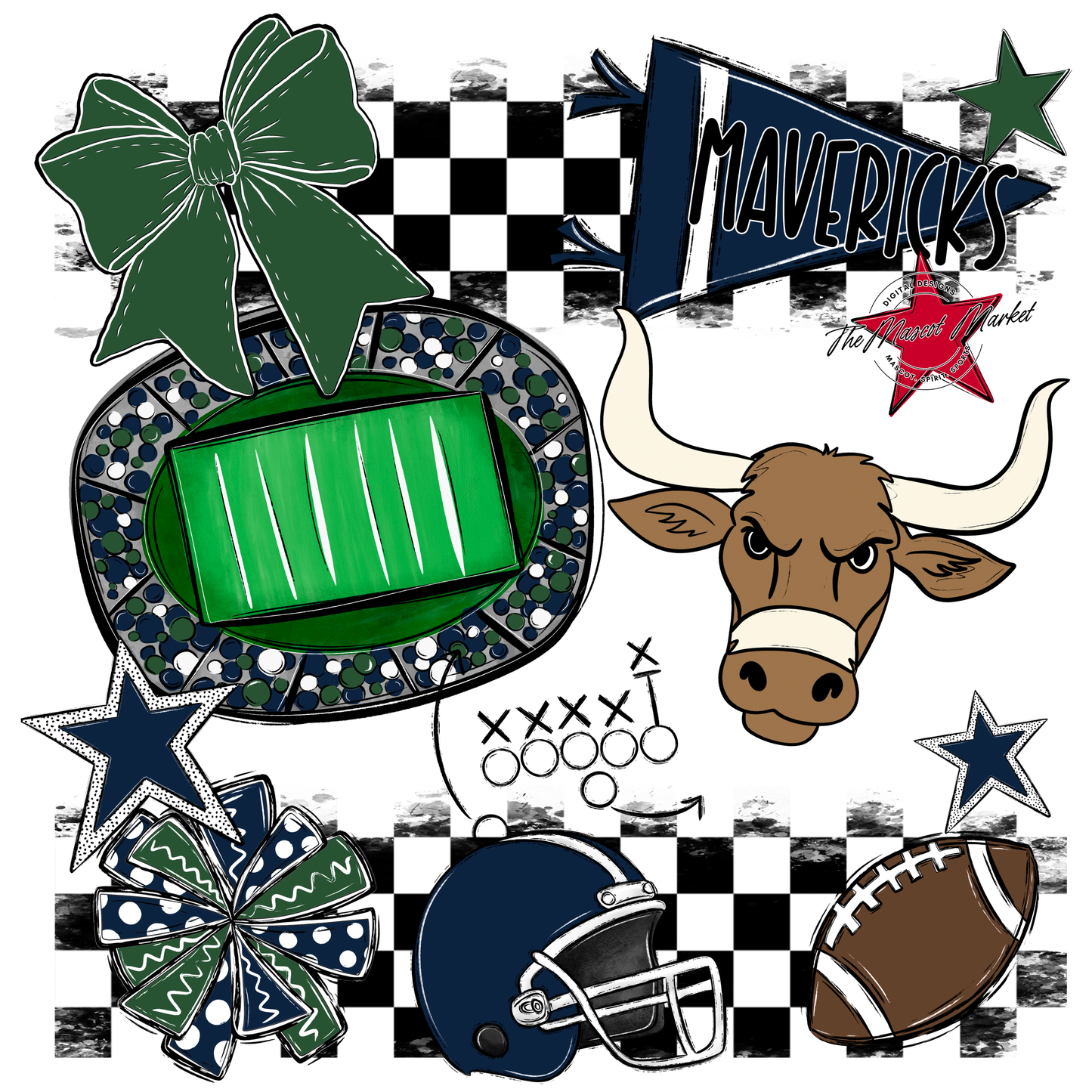 Mavericks Checkers Mascot Spirit Design-Navy-Green