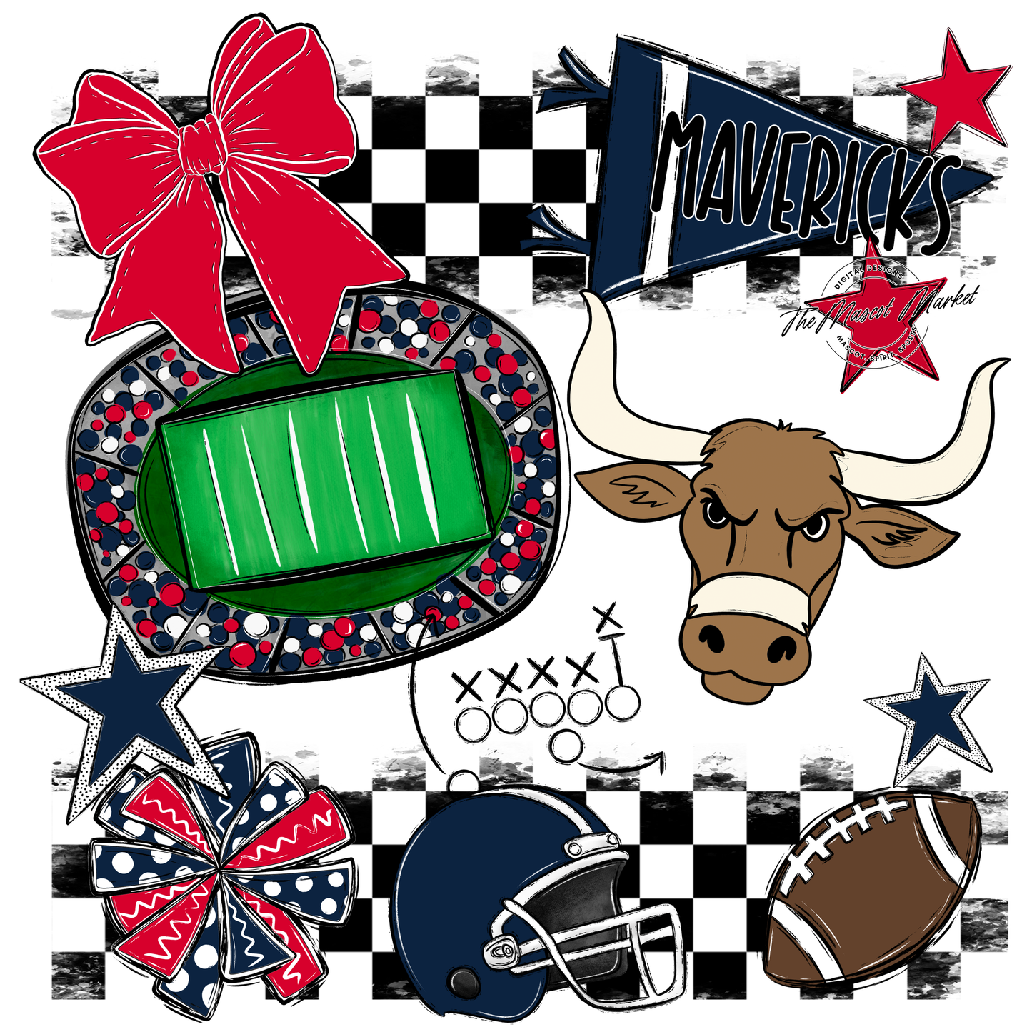 Mavericks Checkers Mascot Spirit Design-Navy-Red