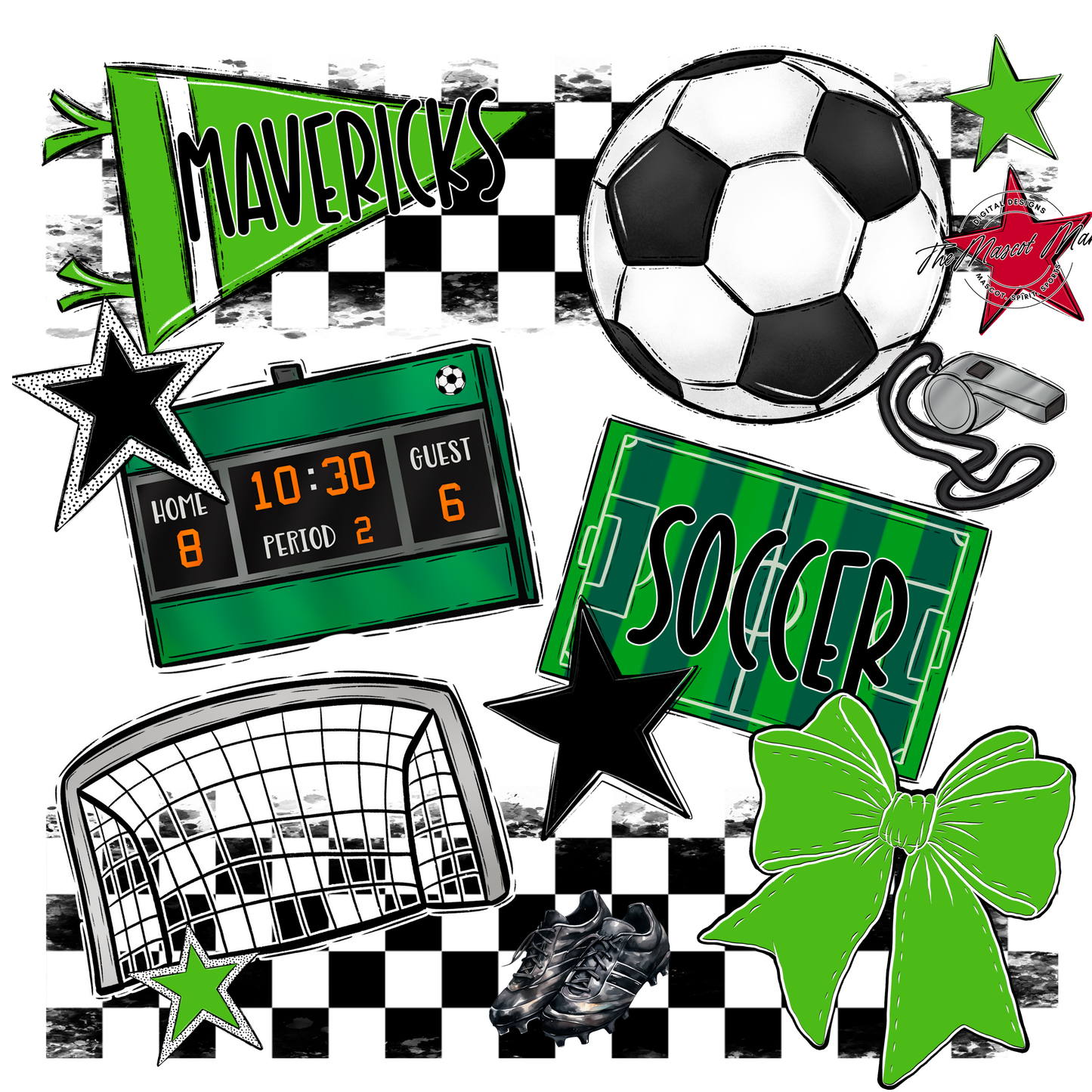 Mavericks Checkers Soccer Spirit Design-Bright Green